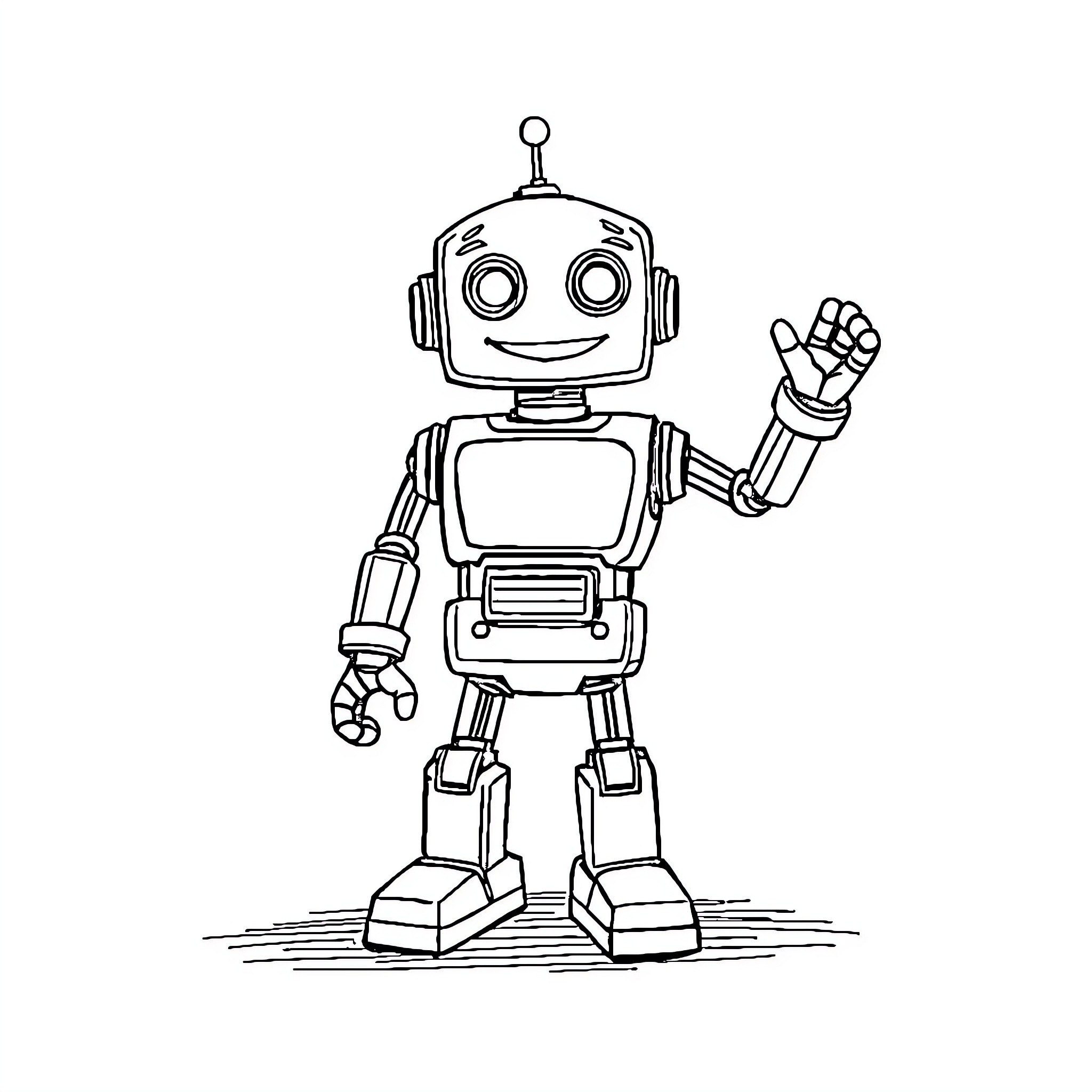 Robot Waving and Posing in a Friendly Manner Coloring Page (free black-and-white line drawing printable PDF for all, from beginners to advanced learners, including children, teens, adults, and seniors)