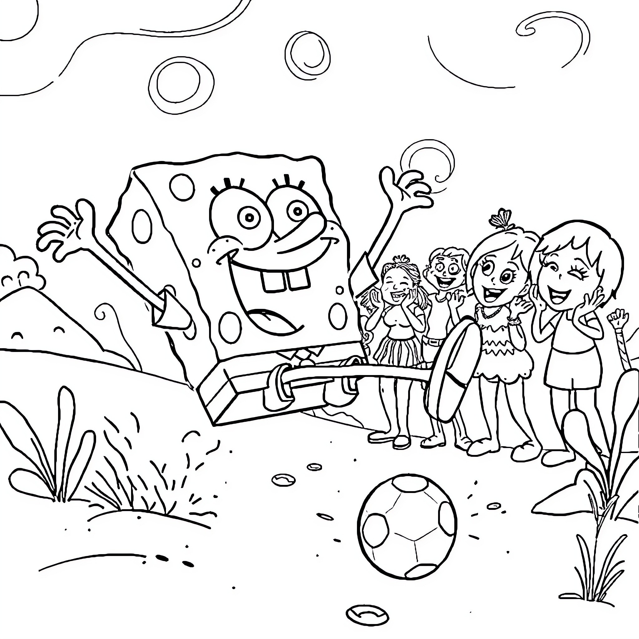 Spongebob and friends having a fun outdoor adventure Coloring Page (free black-and-white line drawing printable PDF for all, from beginners to advanced learners, including children, teens, adults, and seniors)