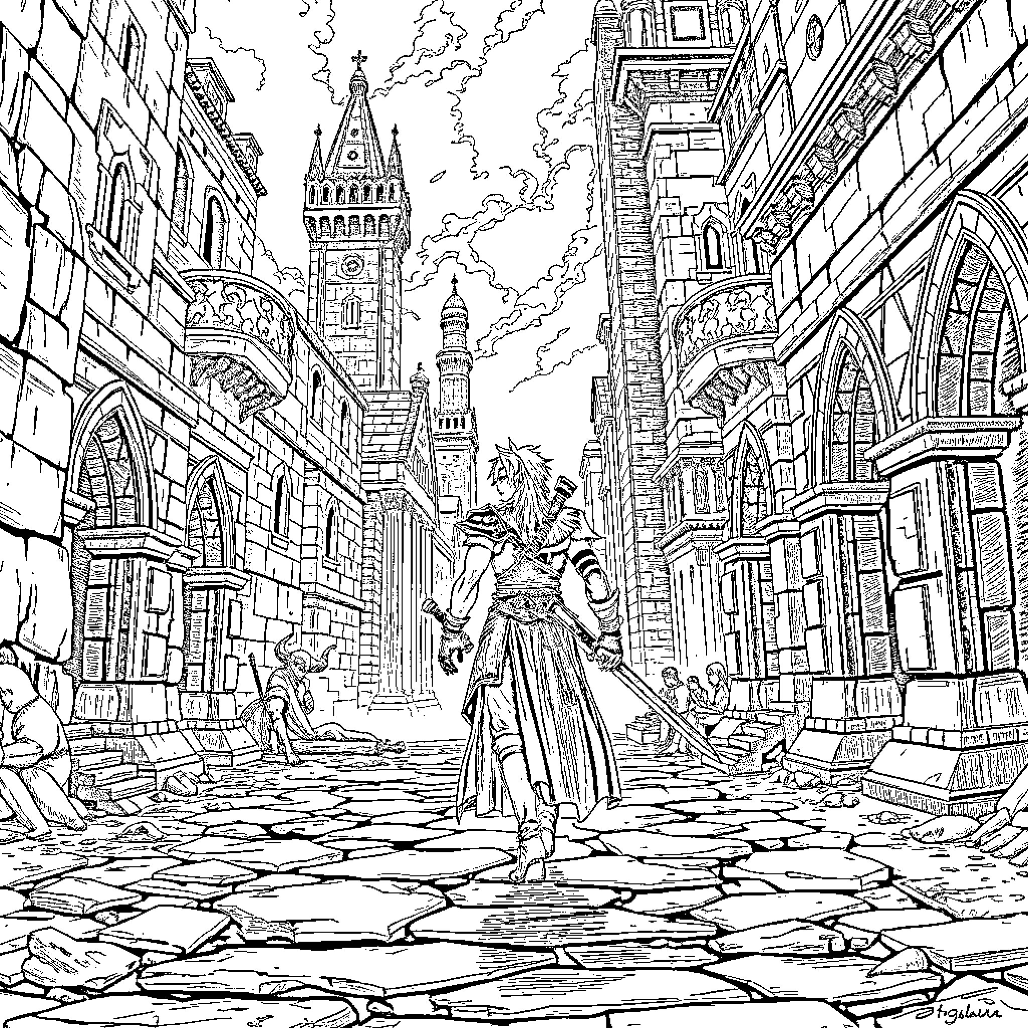 Sephiroth walking through a medieval city street Coloring Page (free black-and-white line drawing printable PDF for all, from beginners to advanced learners, including children, teens, adults, and seniors)