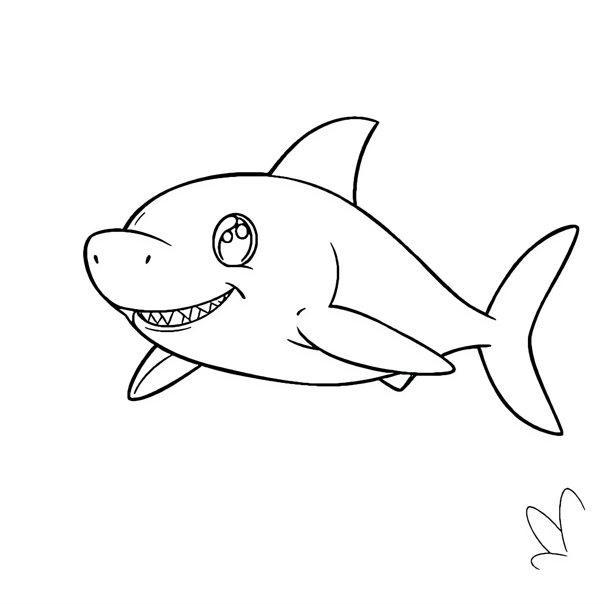 Shark swimming happily in the ocean Coloring Page (free black-and-white line drawing printable PDF for all, from beginners to advanced learners, including children, teens, adults, and seniors)
