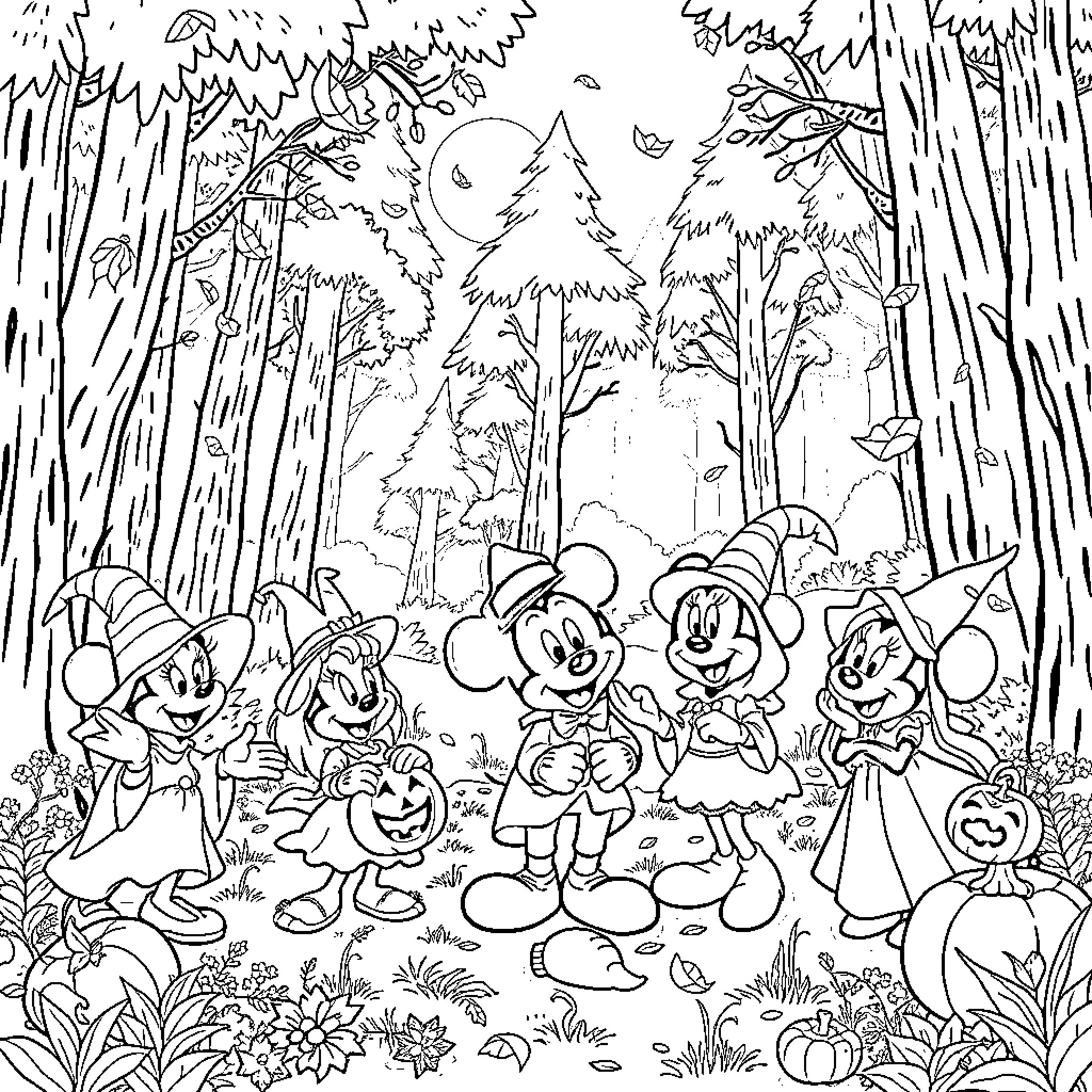 Disney Characters Exploring the Enchanted Forest Coloring Page (free black-and-white line drawing printable PDF for all, from beginners to advanced learners, including children, teens, adults, and seniors)