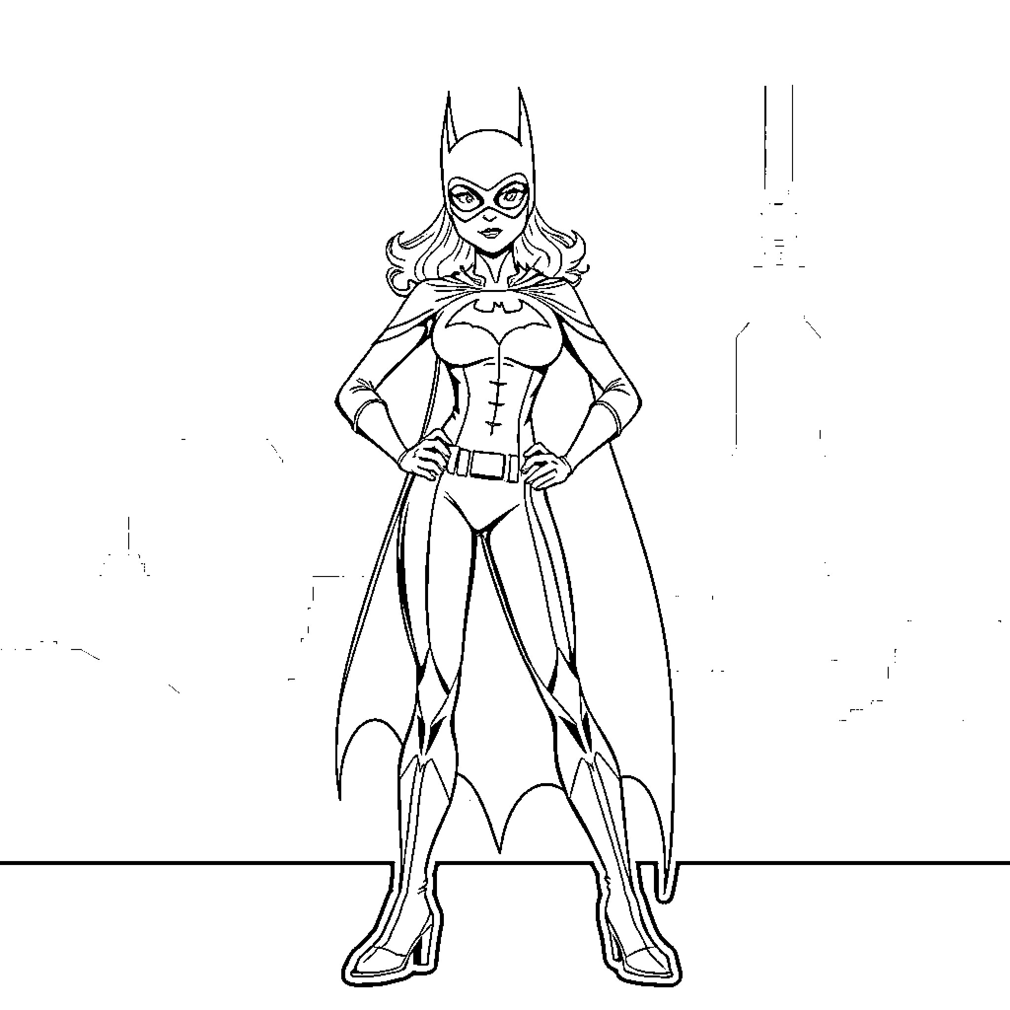 Batgirl in heroic pose with costume and accessories Coloring Page (free black-and-white line drawing printable PDF for all, from beginners to advanced learners, including children, teens, adults, and seniors)