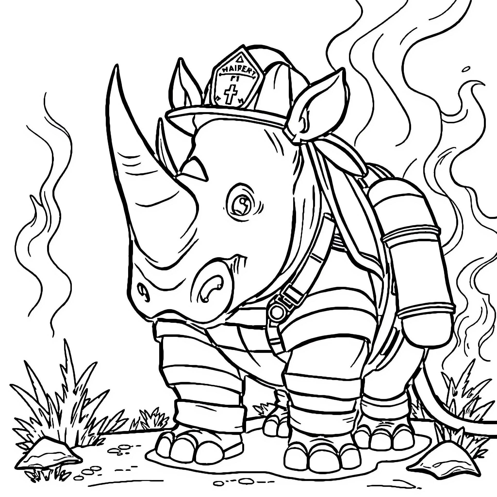 Rhino Firefighter Saving the Day Coloring Page (free black-and-white line drawing printable PDF for all, from beginners to advanced learners, including children, teens, adults, and seniors)