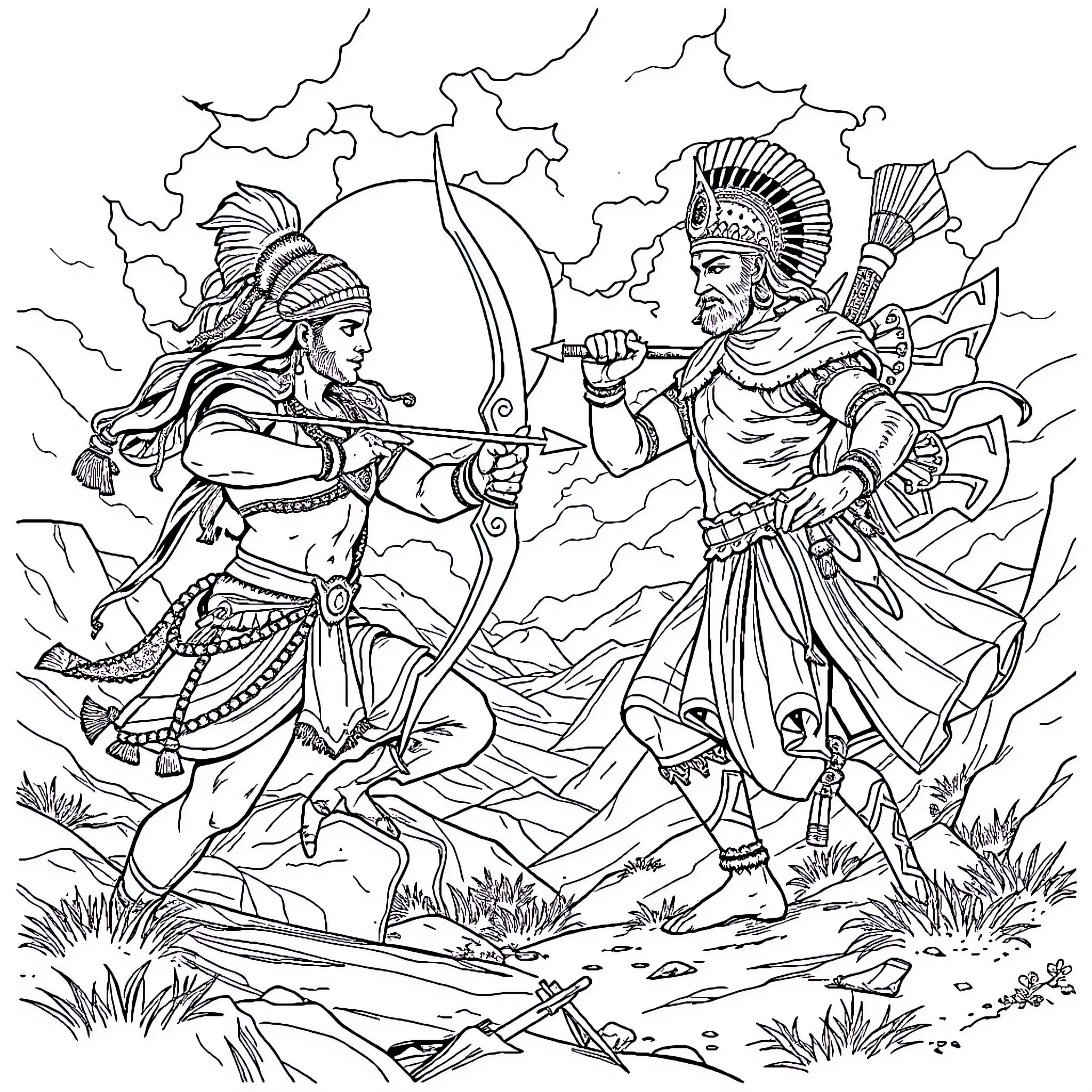 Arjuna and Bhishma engaged in a fierce battle Coloring Page (free black-and-white line drawing printable PDF for all, from beginners to advanced learners, including children, teens, adults, and seniors)