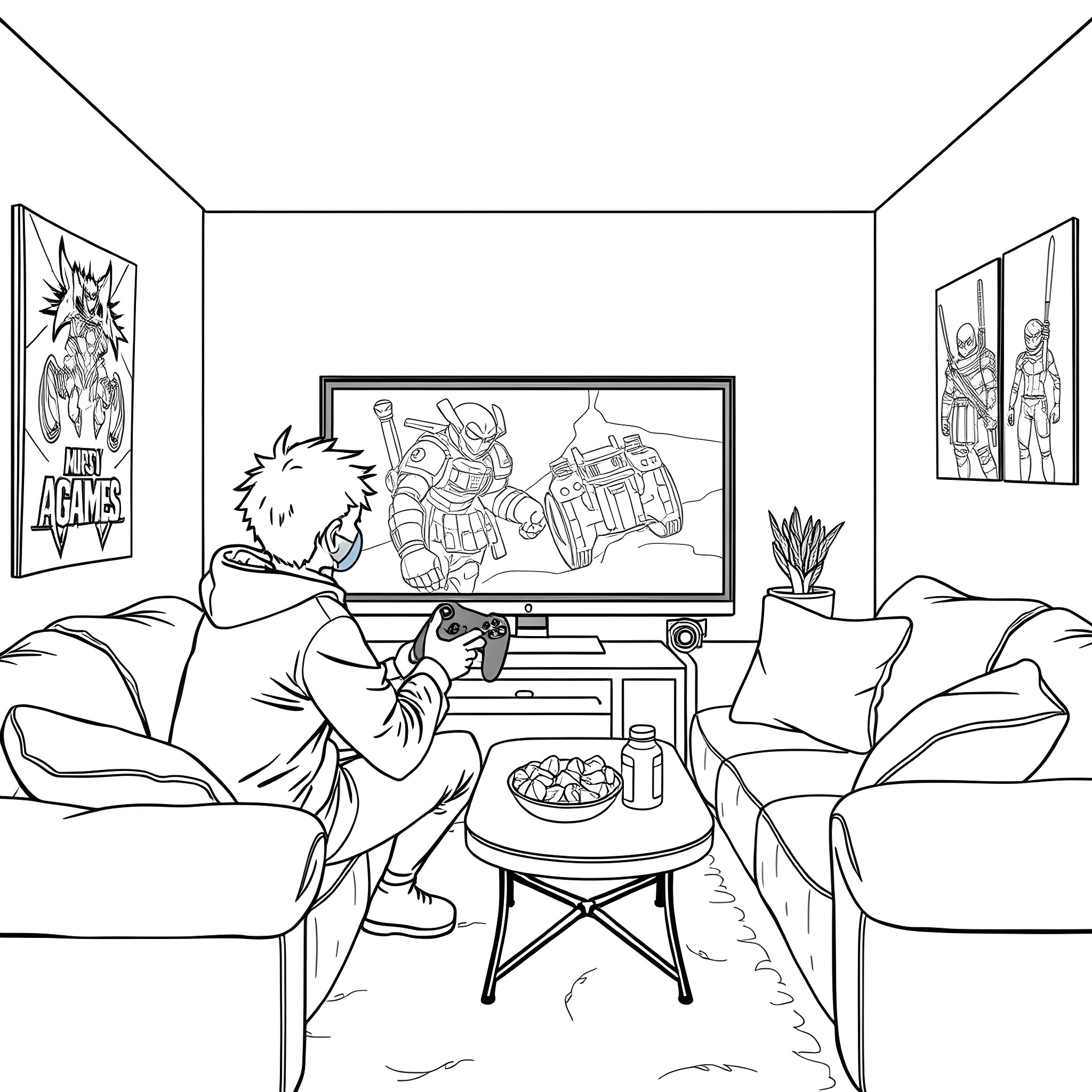 Kid playing video games in the living room Coloring Page (free black-and-white line drawing printable PDF for all, from beginners to advanced learners, including children, teens, adults, and seniors)