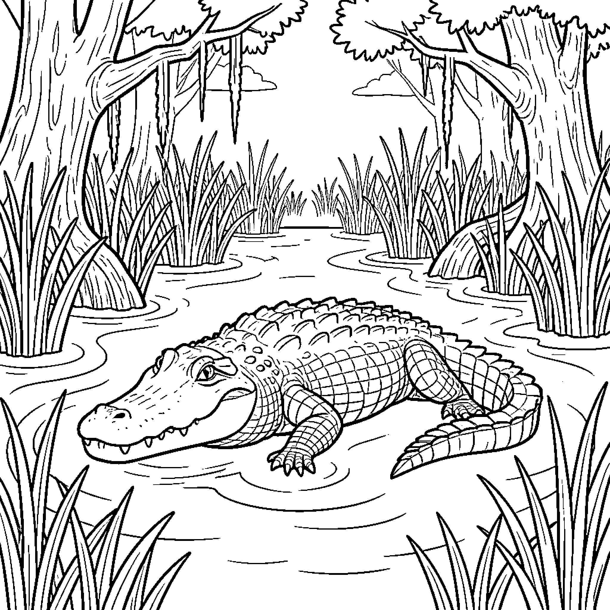 Alligator swimming through a lush swamp landscape Coloring Page (free black-and-white line drawing printable PDF for all, from beginners to advanced learners, including children, teens, adults, and seniors)