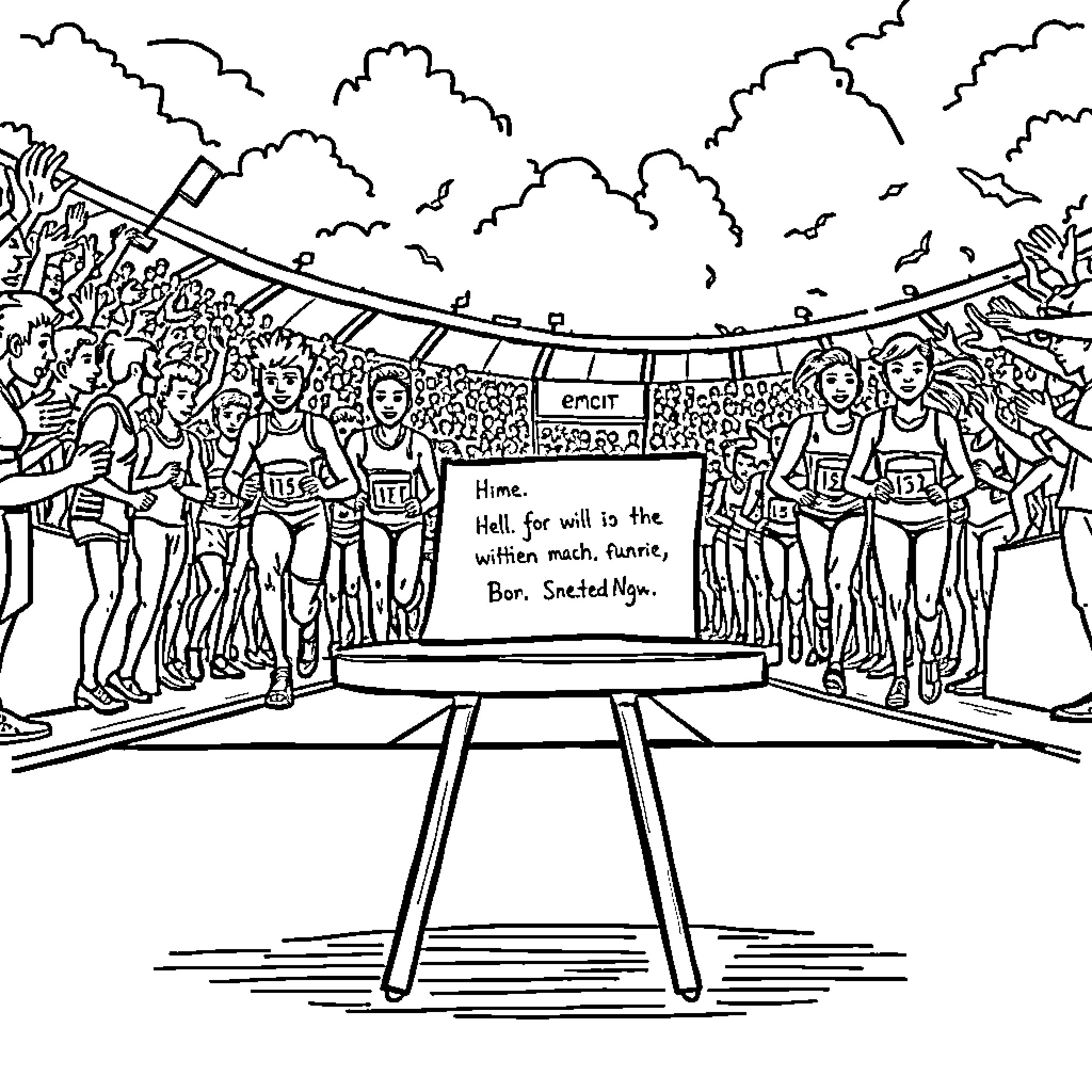 Email about a crowd of runners at a marathon Coloring Page (free black-and-white line drawing printable PDF for all, from beginners to advanced learners, including children, teens, adults, and seniors)