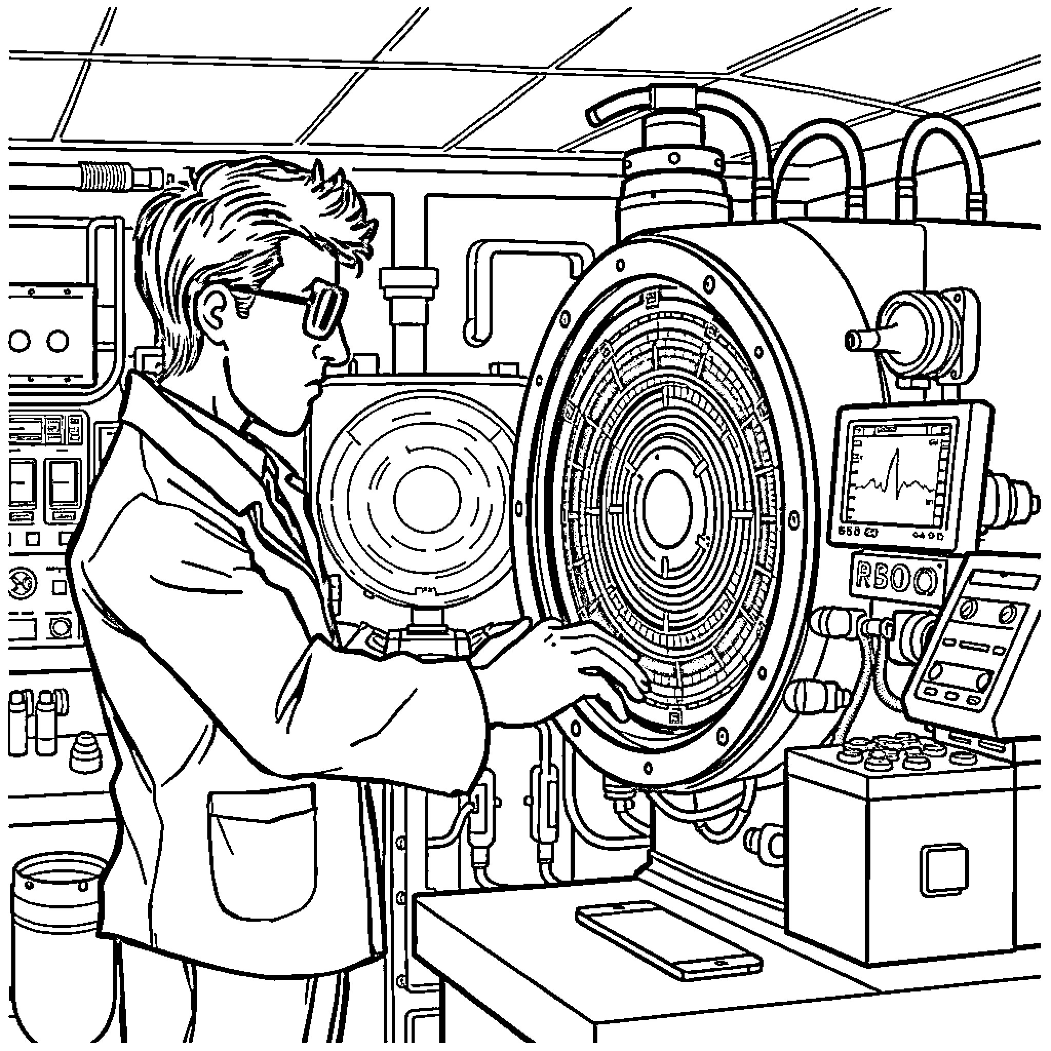 Medical Physicist operating complex laboratory machinery in a lab Coloring Page (free black-and-white line drawing printable PDF for all, from beginners to advanced learners, including children, teens, adults, and seniors)