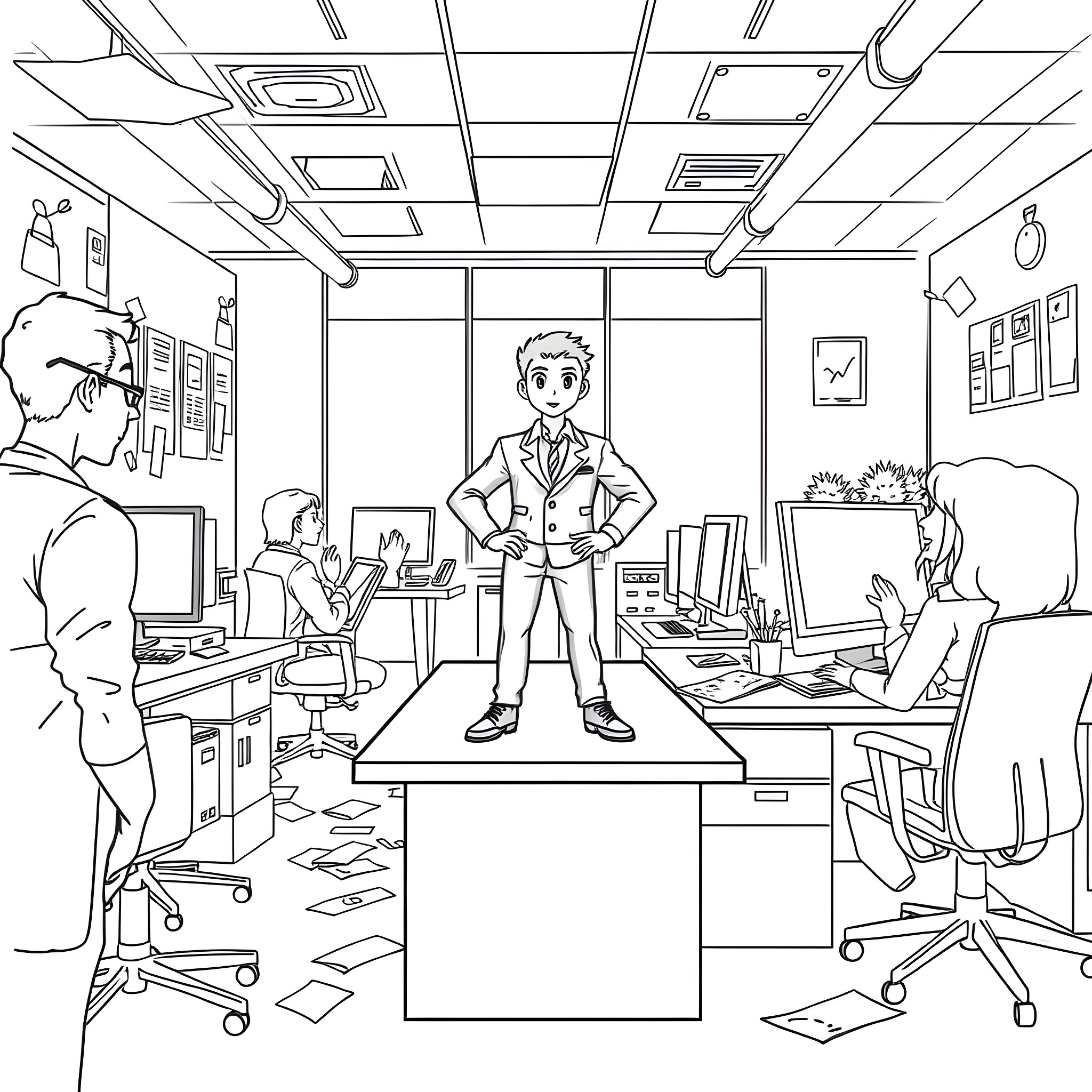 Character standing proudly in an office workspace Coloring Page (free black-and-white line drawing printable PDF for all, from beginners to advanced learners, including children, teens, adults, and seniors)