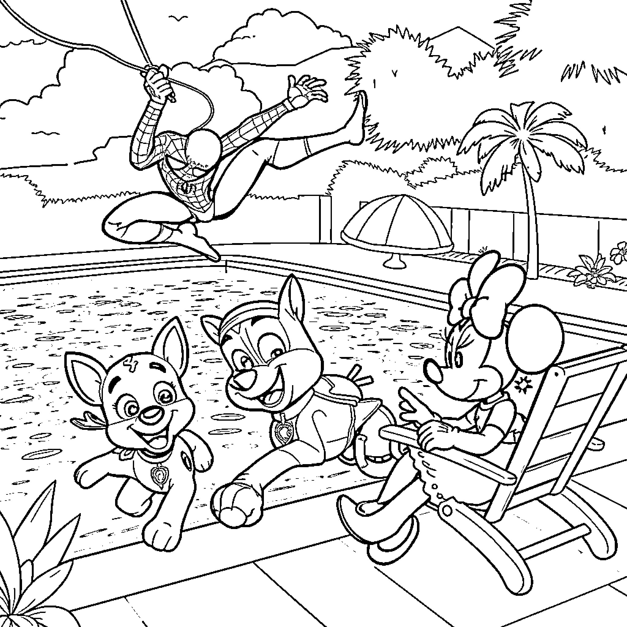 Spider-Man swinging through the air over a tropical beach Coloring Page (free black-and-white line drawing printable PDF for all, from beginners to advanced learners, including children, teens, adults, and seniors)