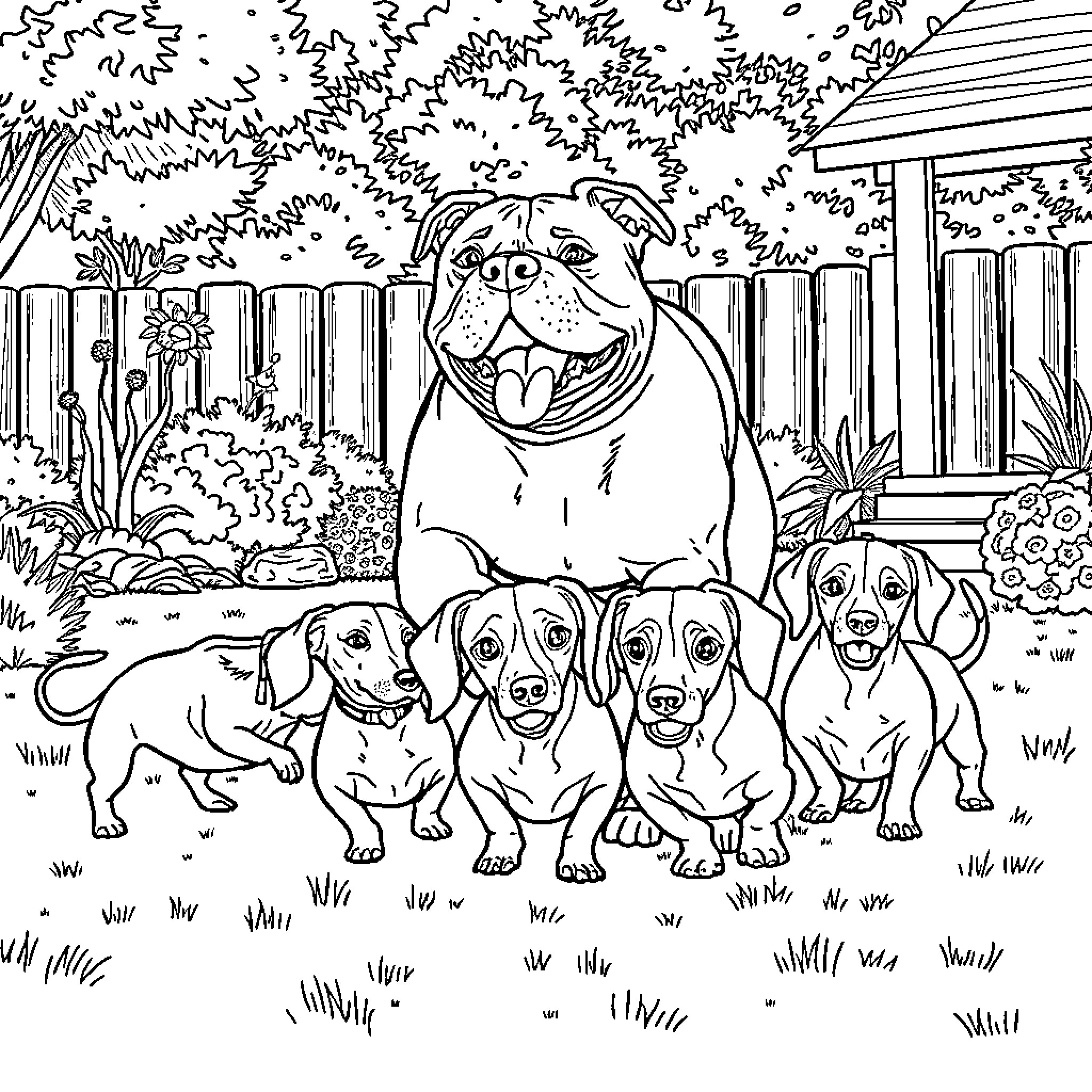 Pitbull and Puppies Playing in the Backyard Coloring Page (free black-and-white line drawing printable PDF for all, from beginners to advanced learners, including children, teens, adults, and seniors)