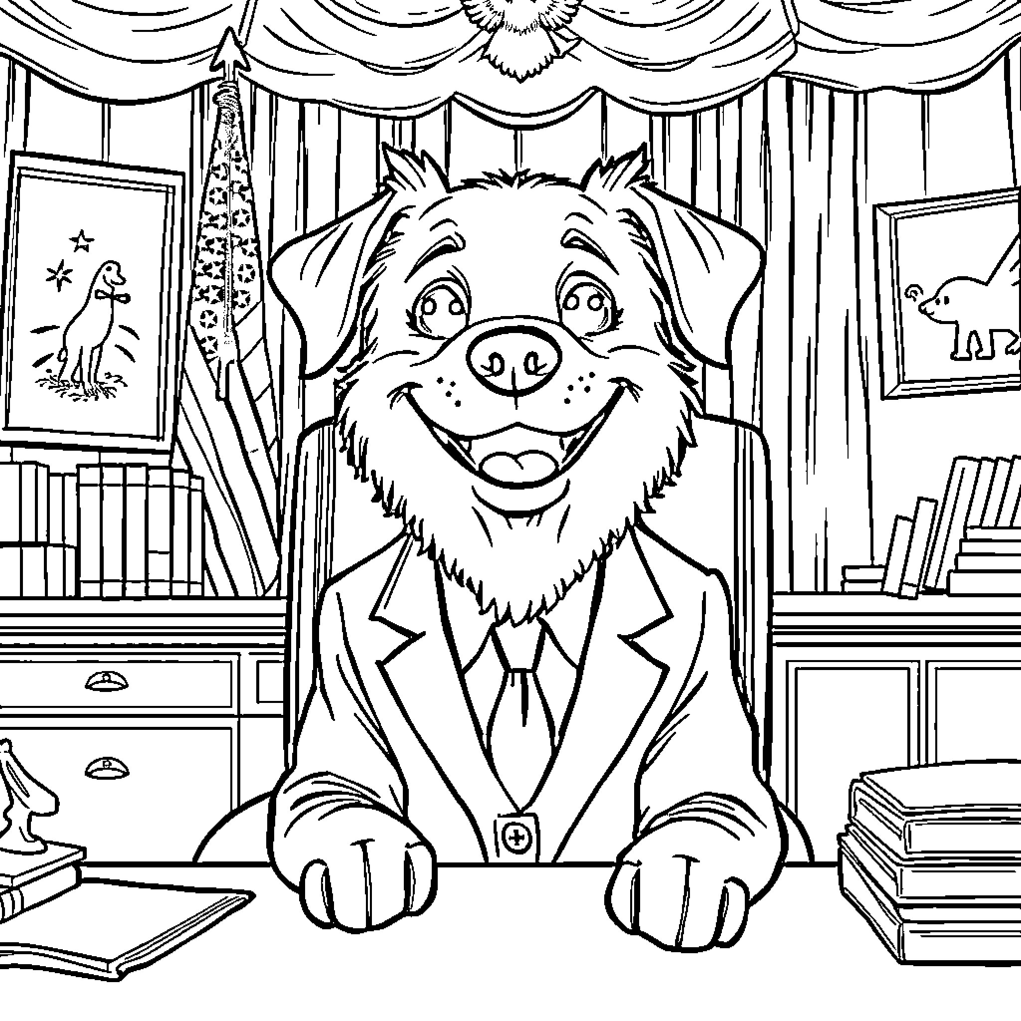 Dog dressed in a suit sitting at a desk Coloring Page (free black-and-white line drawing printable PDF for all, from beginners to advanced learners, including children, teens, adults, and seniors)