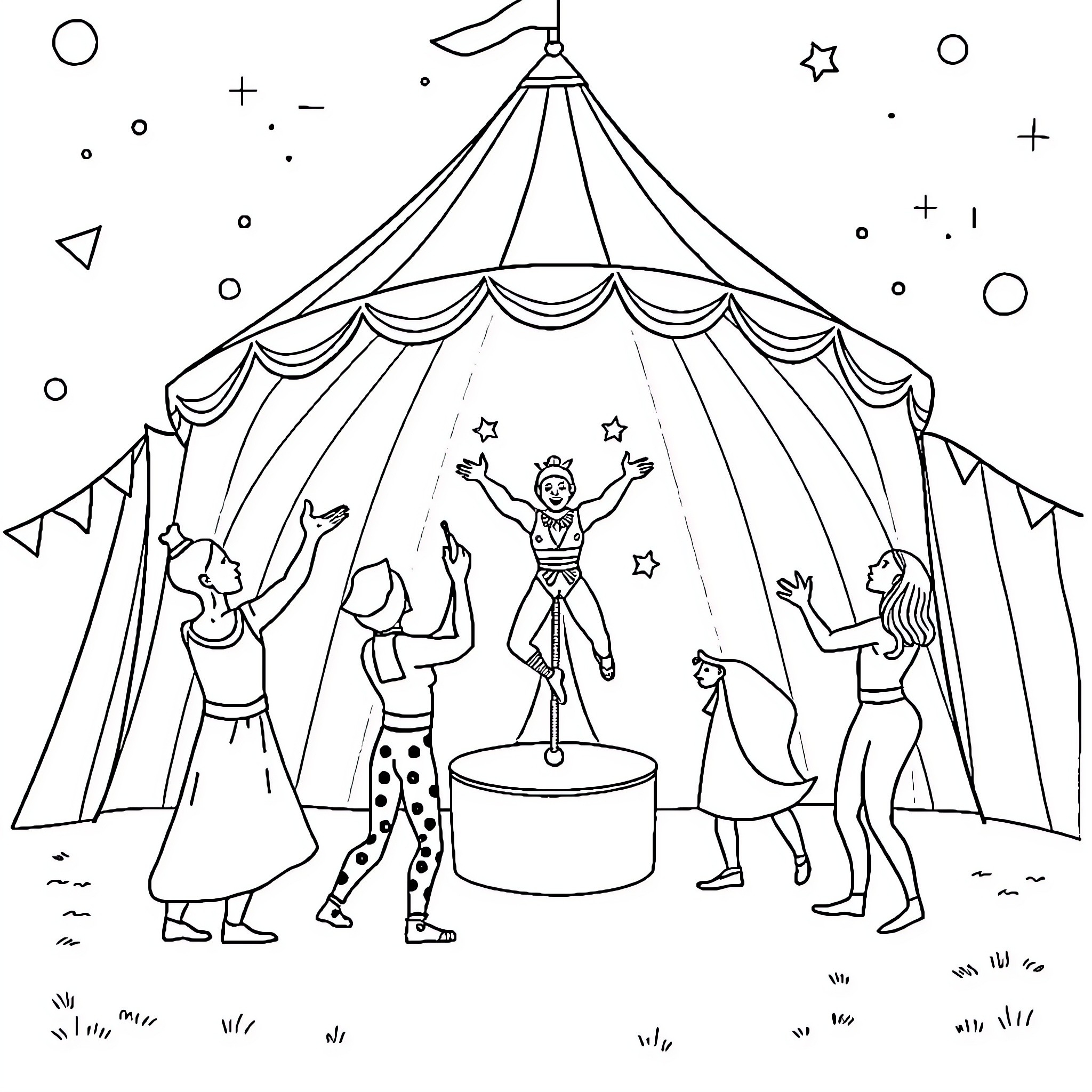 Circus performers entertaining the crowd Coloring Page (free black-and-white line drawing printable PDF for all, from beginners to advanced learners, including children, teens, adults, and seniors)