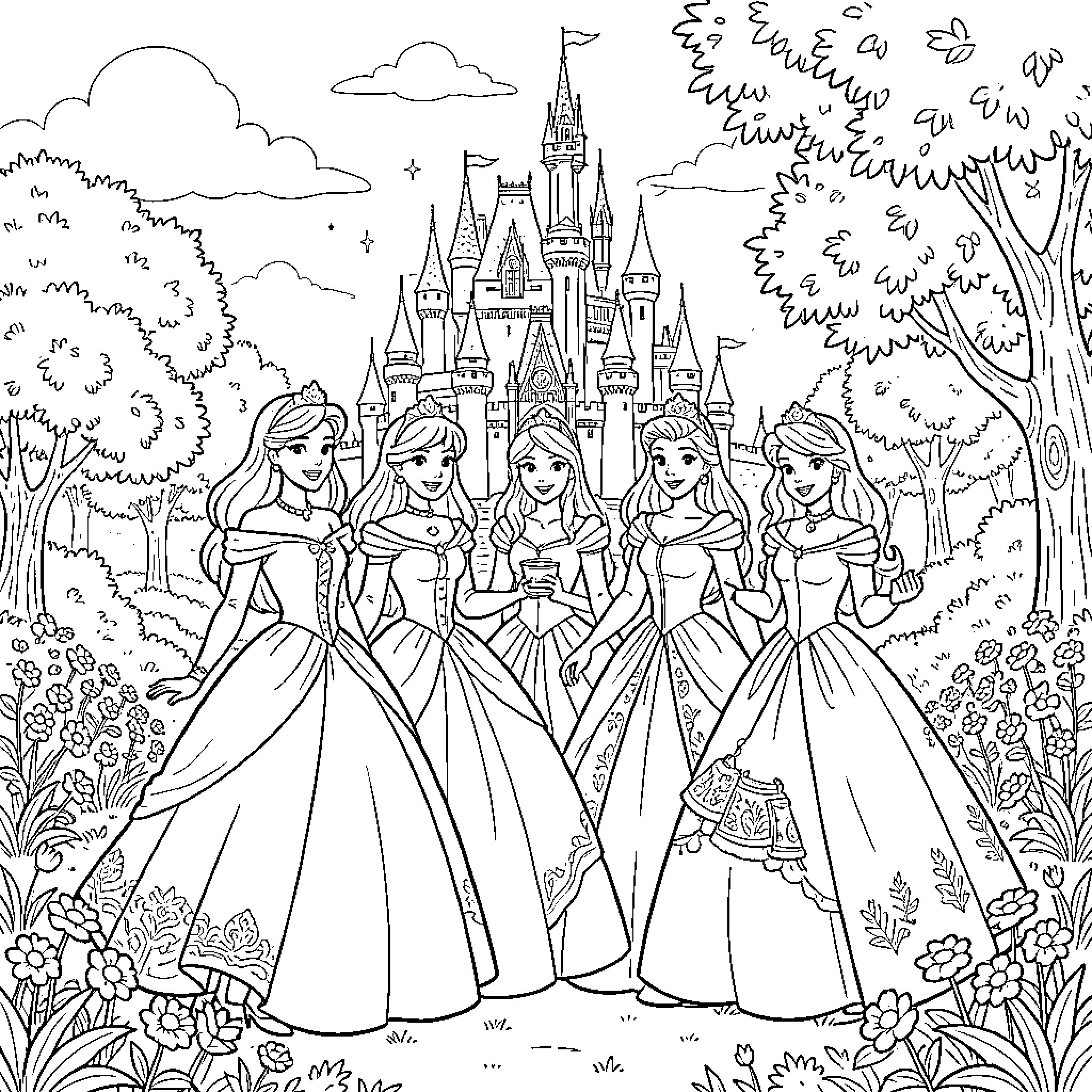 Disney Princess Dream Castle Gathering Coloring Page (free black-and-white line drawing printable PDF for all, from beginners to advanced learners, including children, teens, adults, and seniors)