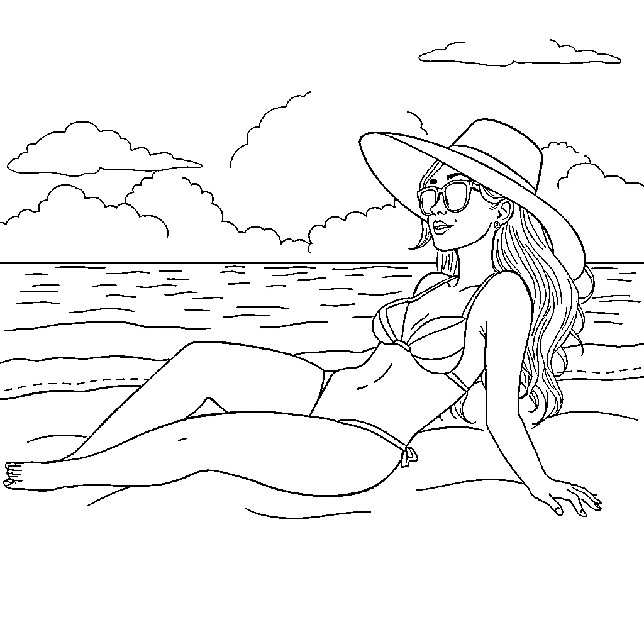 Girl relaxing on the beach with sun hat Coloring Page (free black-and-white line drawing printable PDF for all, from beginners to advanced learners, including children, teens, adults, and seniors)