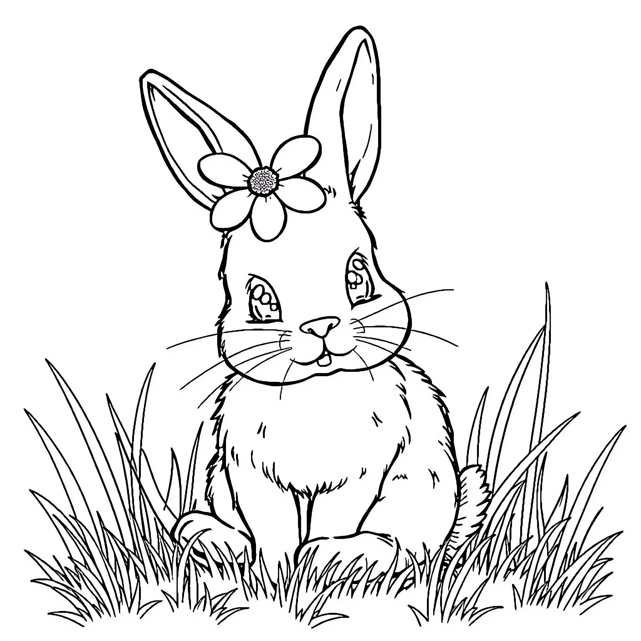 Bunny with flower in grassy field Coloring Page (free black-and-white line drawing printable PDF for all, from beginners to advanced learners, including children, teens, adults, and seniors)