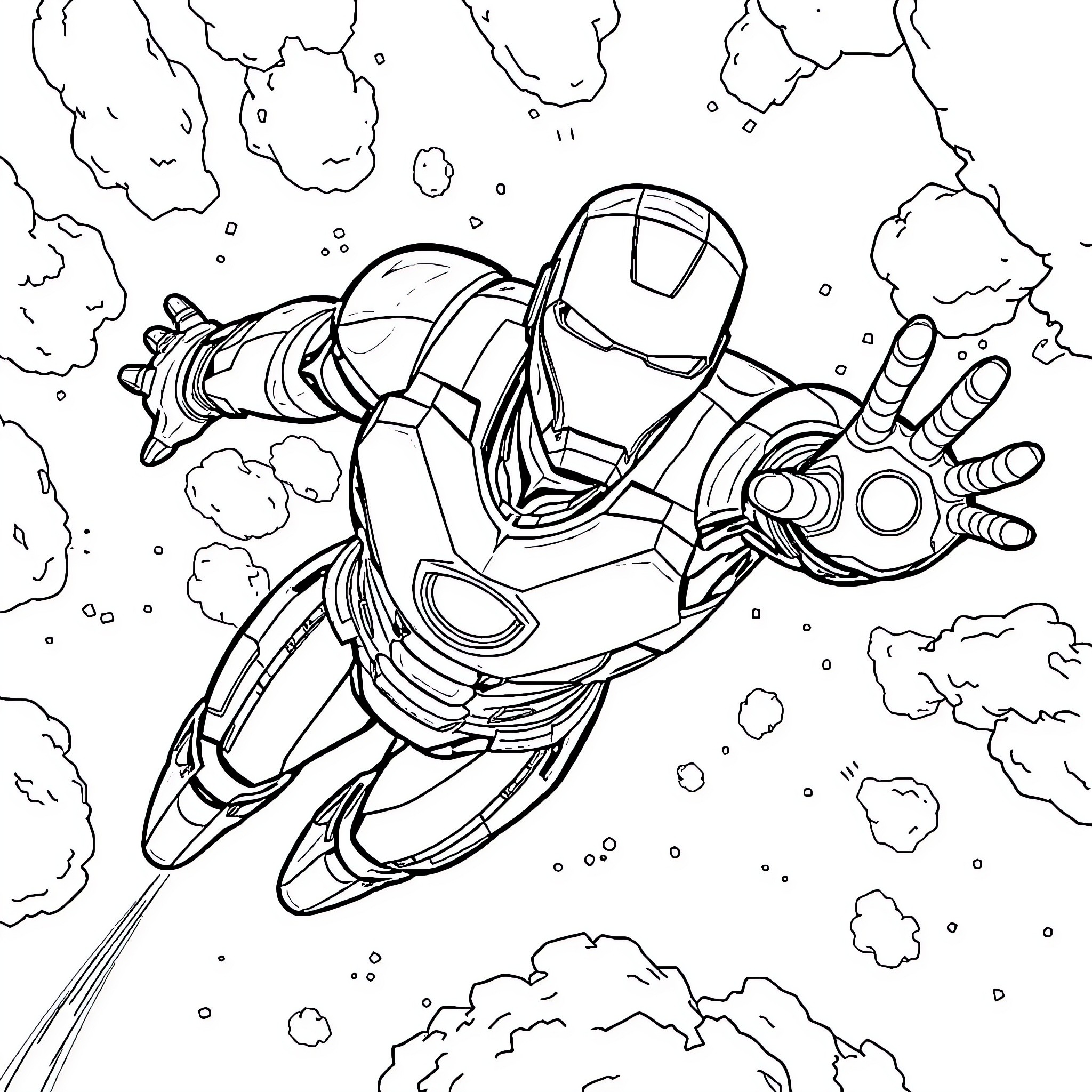 Iron Man Soaring Through the Skies Coloring Page (free black-and-white line drawing printable PDF for all, from beginners to advanced learners, including children, teens, adults, and seniors)