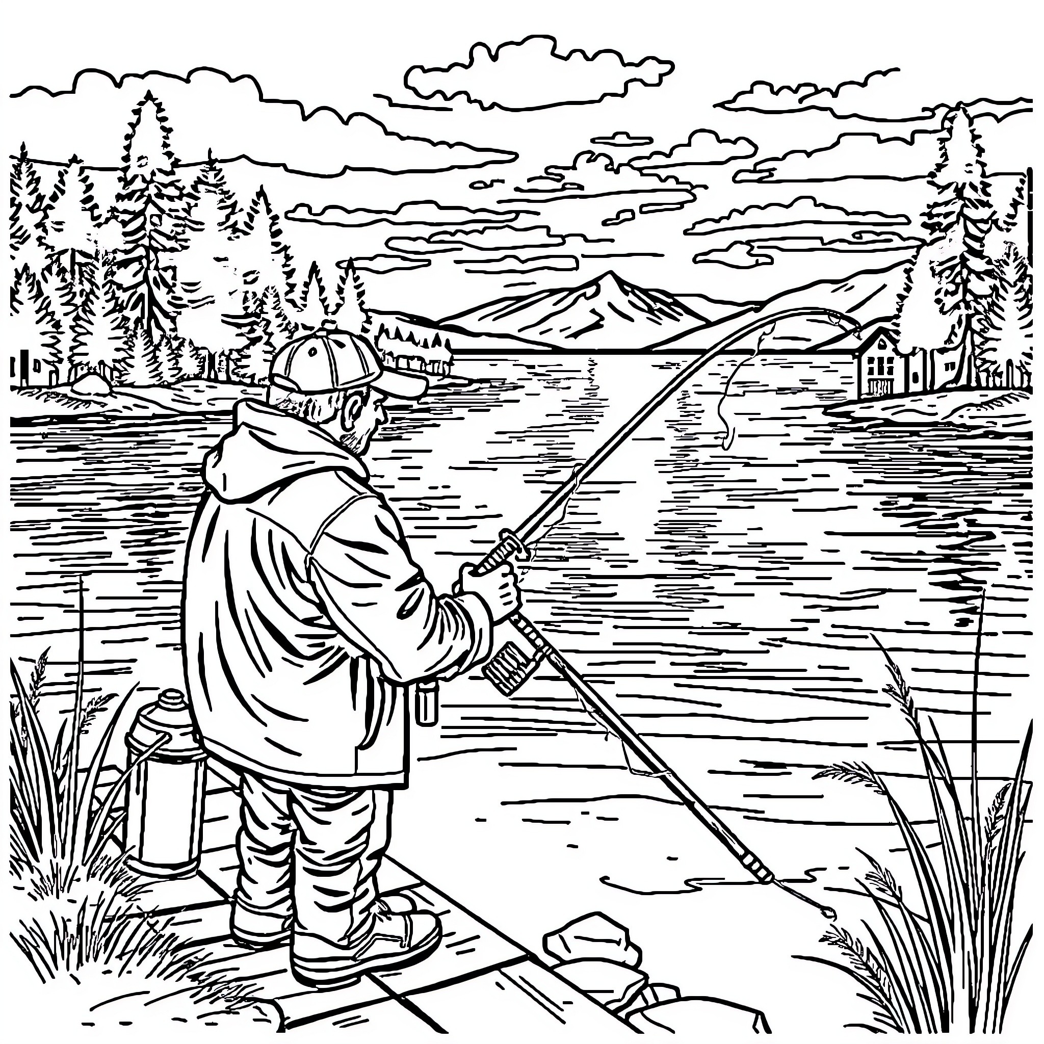 Barman fishing by the lakeside with scenic mountain view Coloring Page (free black-and-white line drawing printable PDF for all, from beginners to advanced learners, including children, teens, adults, and seniors)