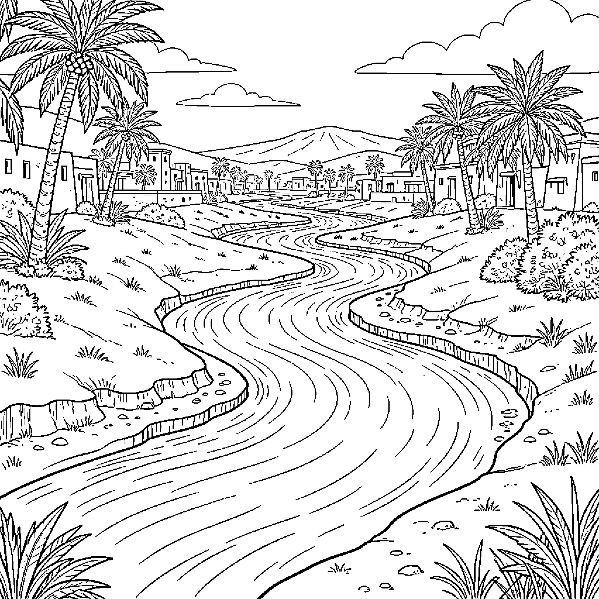 River Flowing Through Tropical Landscape Coloring Page (free black-and-white line drawing printable PDF for all, from beginners to advanced learners, including children, teens, adults, and seniors)