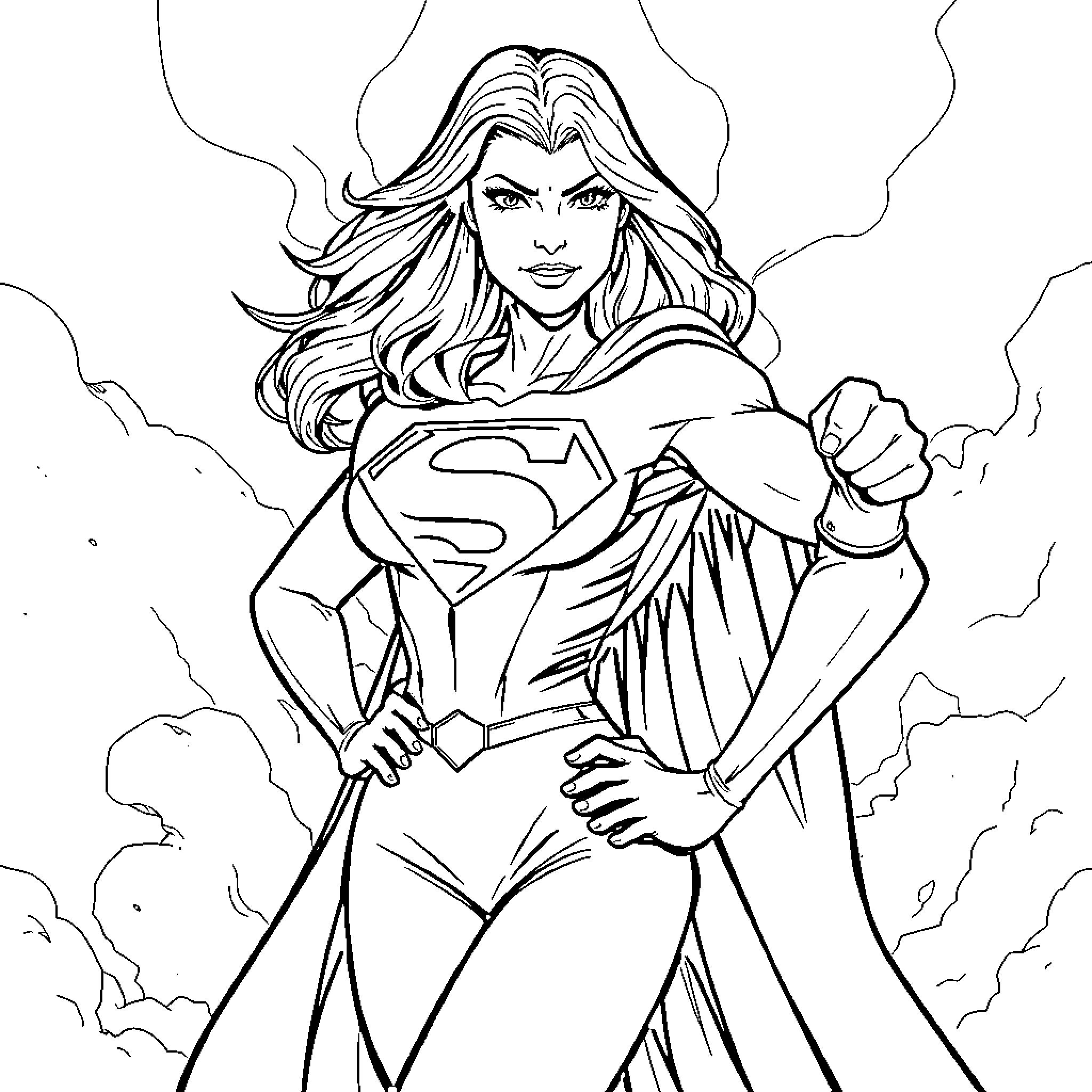 Supergirl in heroic action pose Coloring Page (free black-and-white line drawing printable PDF for all, from beginners to advanced learners, including children, teens, adults, and seniors)