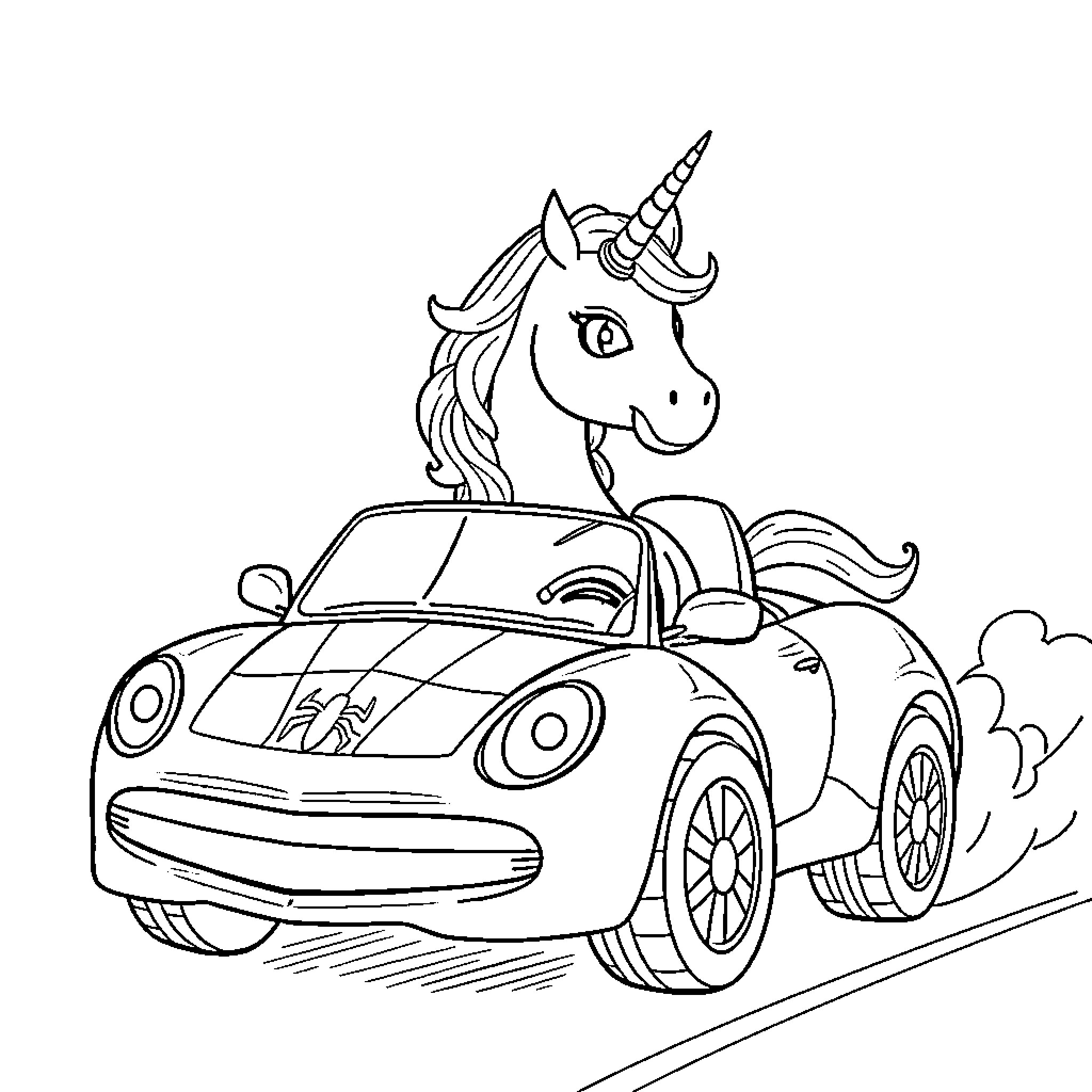 Unicorn riding a sports car on the road Coloring Page (free black-and-white line drawing printable PDF for all, from beginners to advanced learners, including children, teens, adults, and seniors)