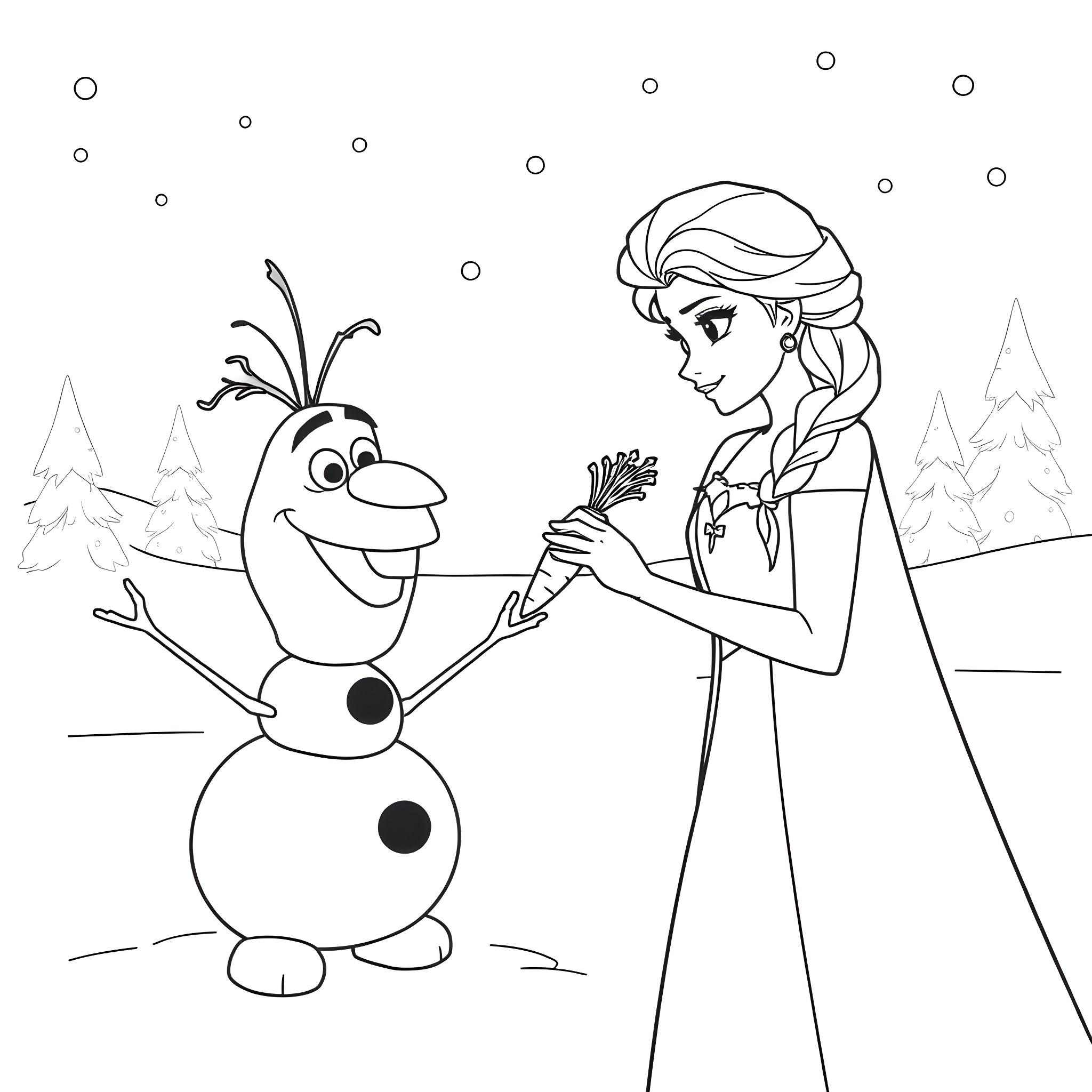 Elsa building a friendly snowman in a winter wonderland Coloring Page (free black-and-white line drawing printable PDF for all, from beginners to advanced learners, including children, teens, adults, and seniors)