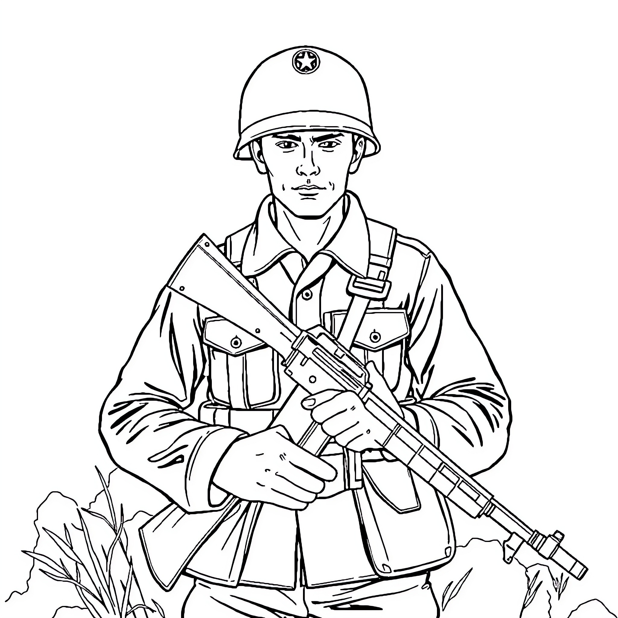 Soldier in military uniform holding assault rifle Coloring Page (free black-and-white line drawing printable PDF for all, from beginners to advanced learners, including children, teens, adults, and seniors)