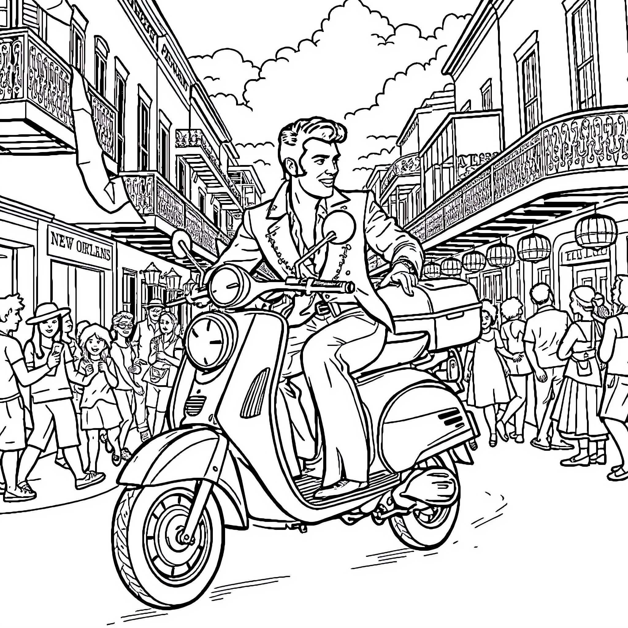 Elvis riding a scooter through a bustling city street Coloring Page (free black-and-white line drawing printable PDF for all, from beginners to advanced learners, including children, teens, adults, and seniors)