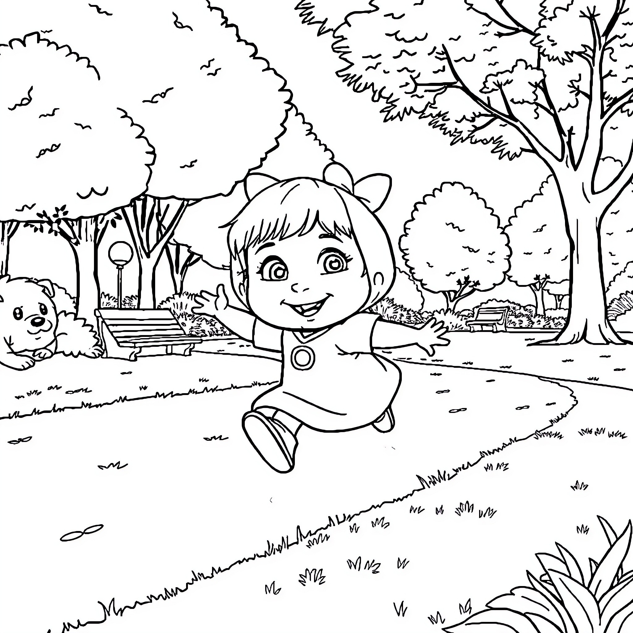 Masha explores the vibrant park landscape Coloring Page (free black-and-white line drawing printable PDF for all, from beginners to advanced learners, including children, teens, adults, and seniors)
