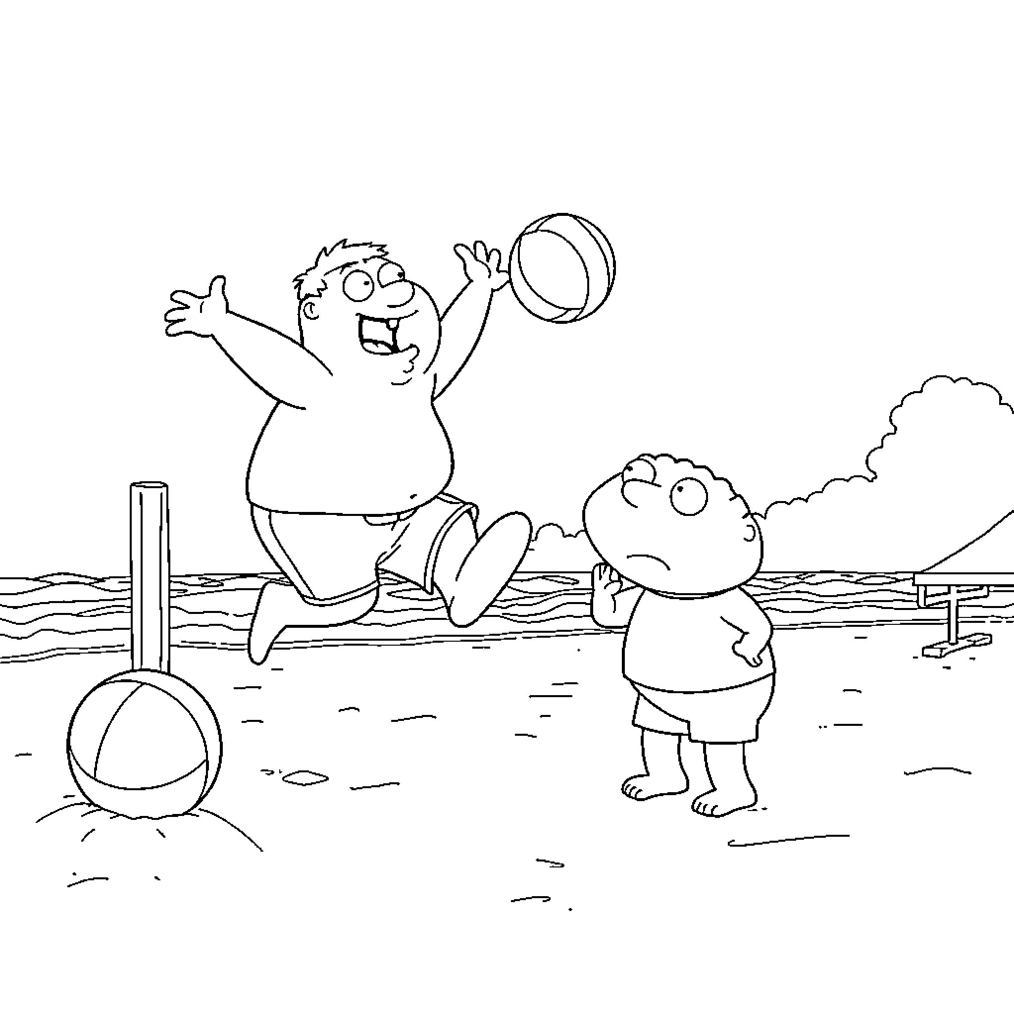 Peter Griffin playing with beach ball and child Coloring Page (free black-and-white line drawing printable PDF for all, from beginners to advanced learners, including children, teens, adults, and seniors)