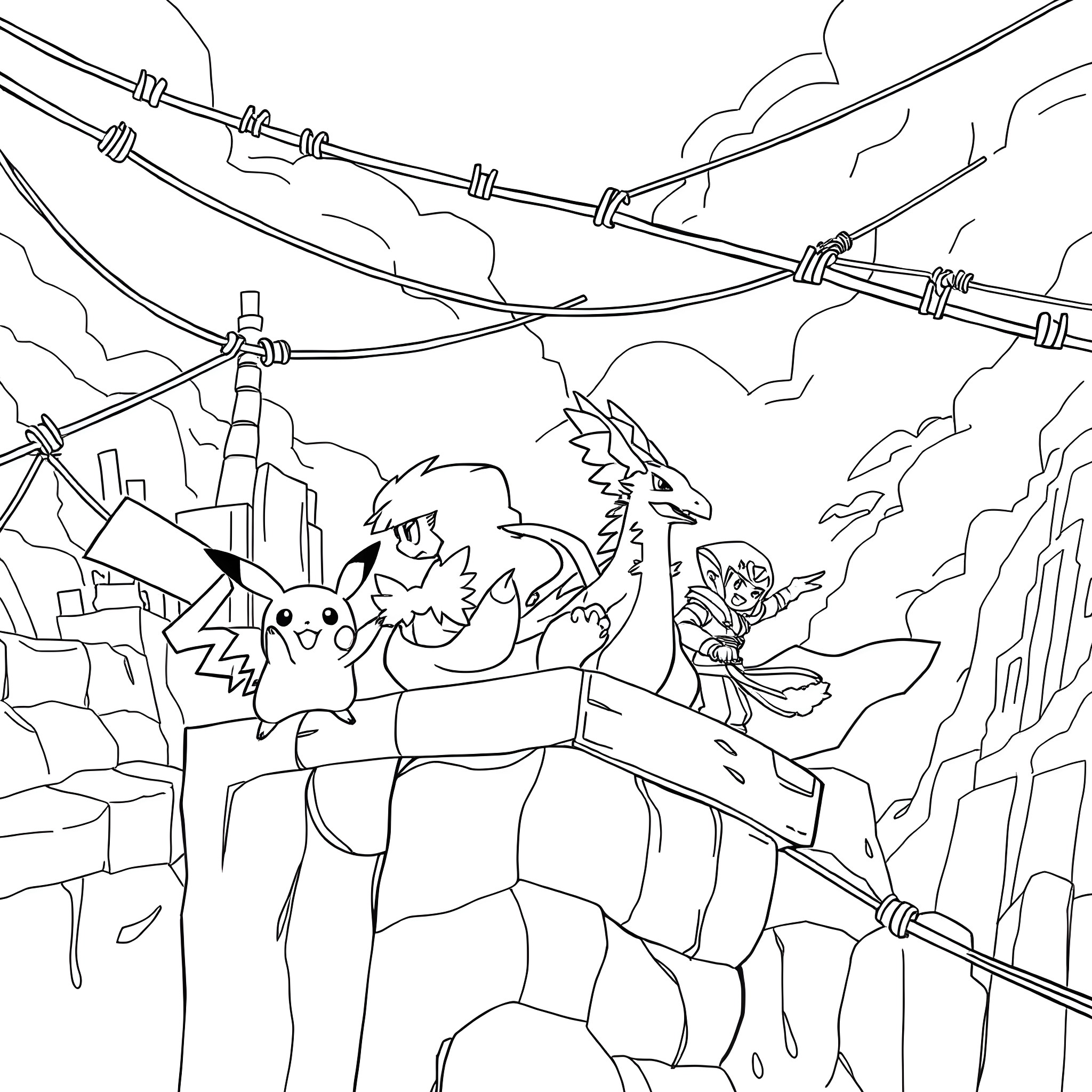 Pikachu and friends on an epic adventure Coloring Page (free black-and-white line drawing printable PDF for all, from beginners to advanced learners, including children, teens, adults, and seniors)