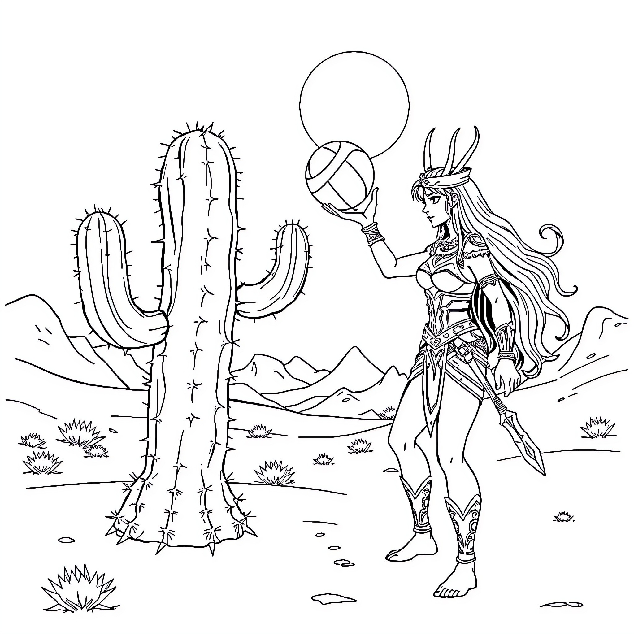 Cactus desert warrior woman with tribal accessories Coloring Page (free black-and-white line drawing printable PDF for all, from beginners to advanced learners, including children, teens, adults, and seniors)