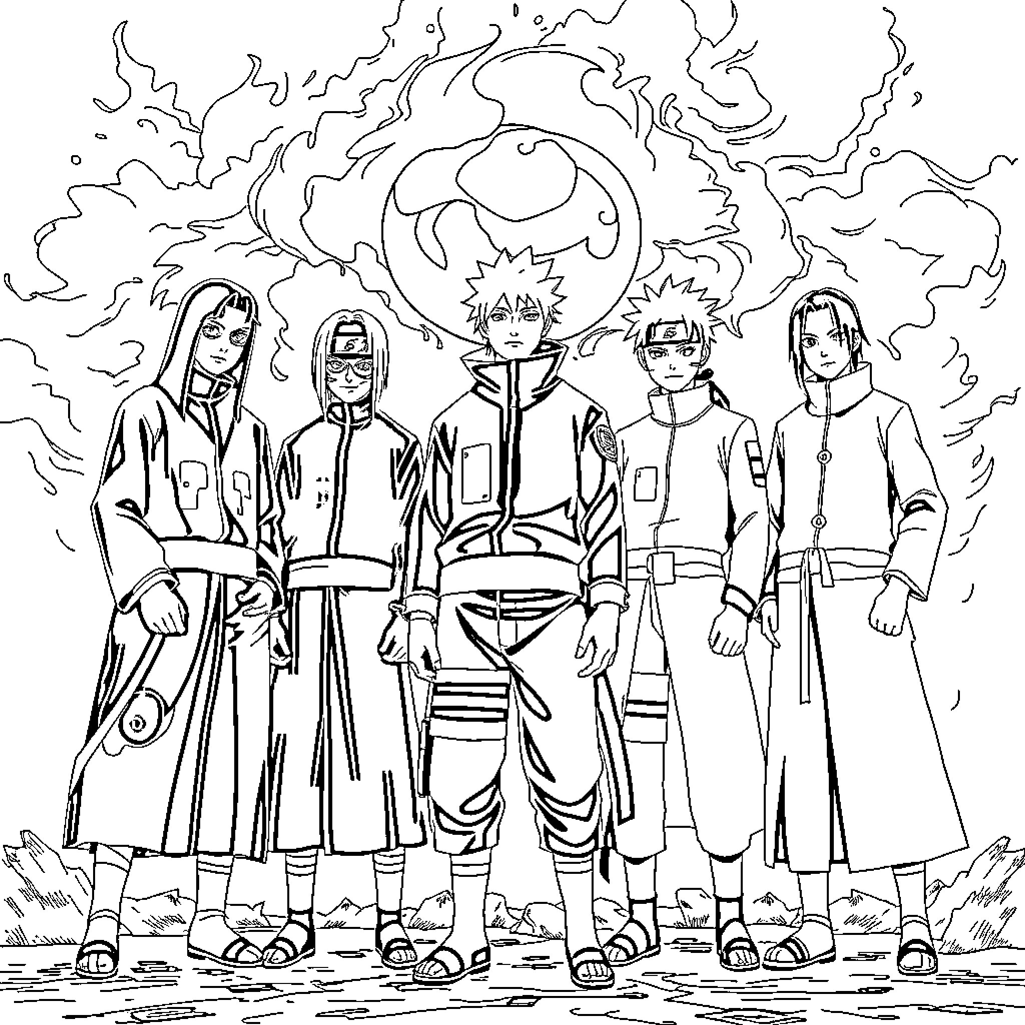 Akatsuki members in striking poses Coloring Page (free black-and-white line drawing printable PDF for all, from beginners to advanced learners, including children, teens, adults, and seniors)