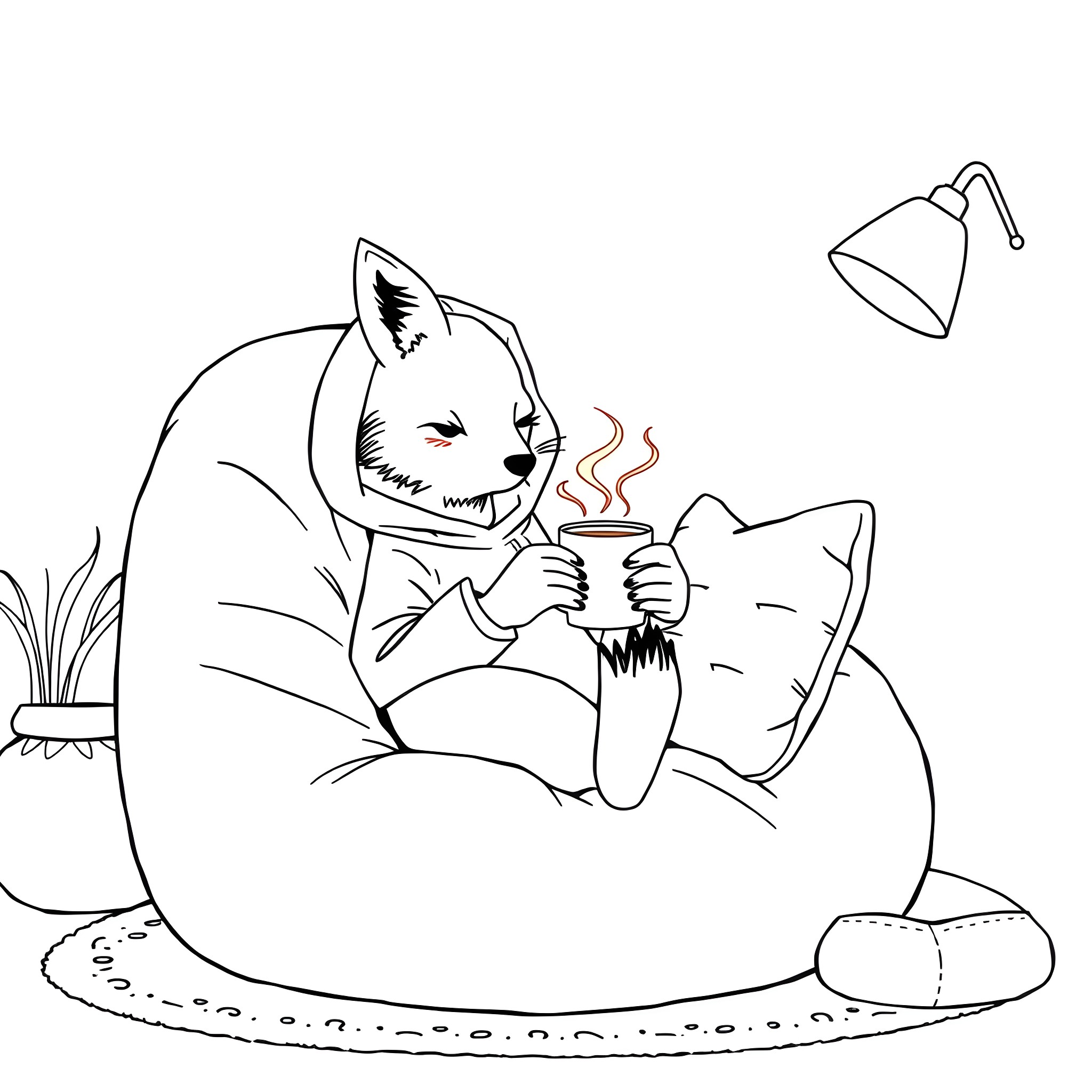 Fox enjoying a warm cup of tea on a cozy chair Coloring Page (free black-and-white line drawing printable PDF for all, from beginners to advanced learners, including children, teens, adults, and seniors)