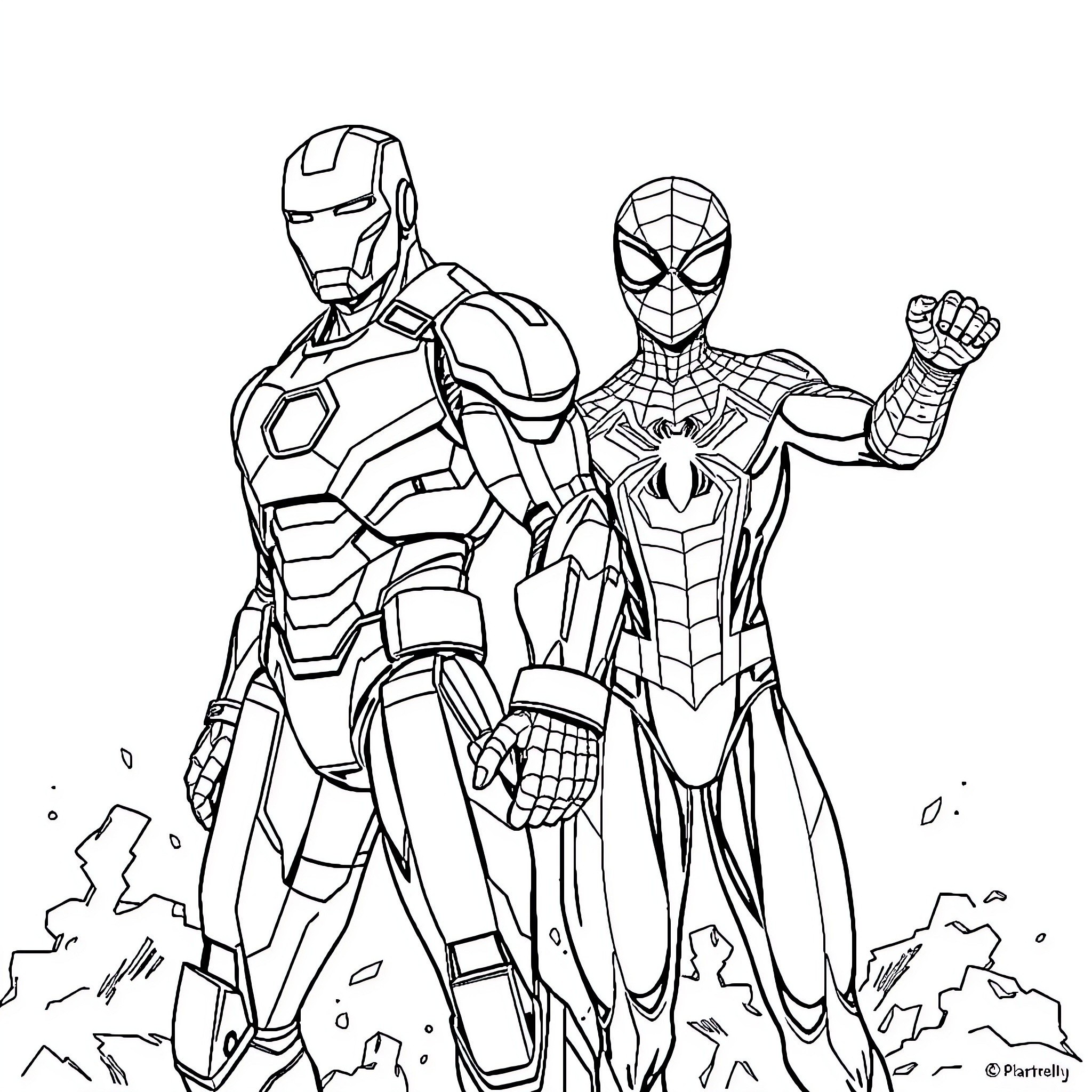 Iron Man and Spider-Man heroic poses in the city Coloring Page (free black-and-white line drawing printable PDF for all, from beginners to advanced learners, including children, teens, adults, and seniors)