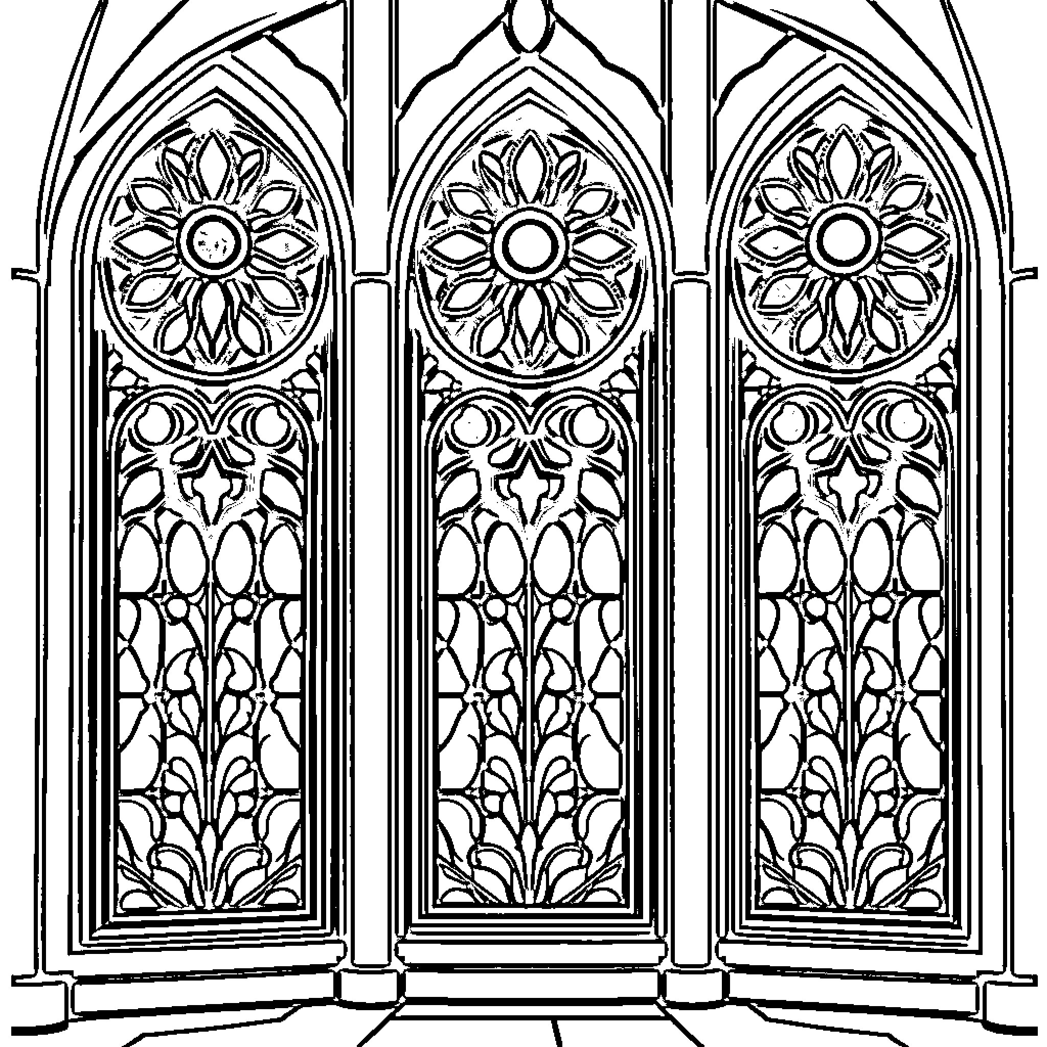 Stain Glass Window depicting ornate gothic architecture Coloring Page (free black-and-white line drawing printable PDF for all, from beginners to advanced learners, including children, teens, adults, and seniors)