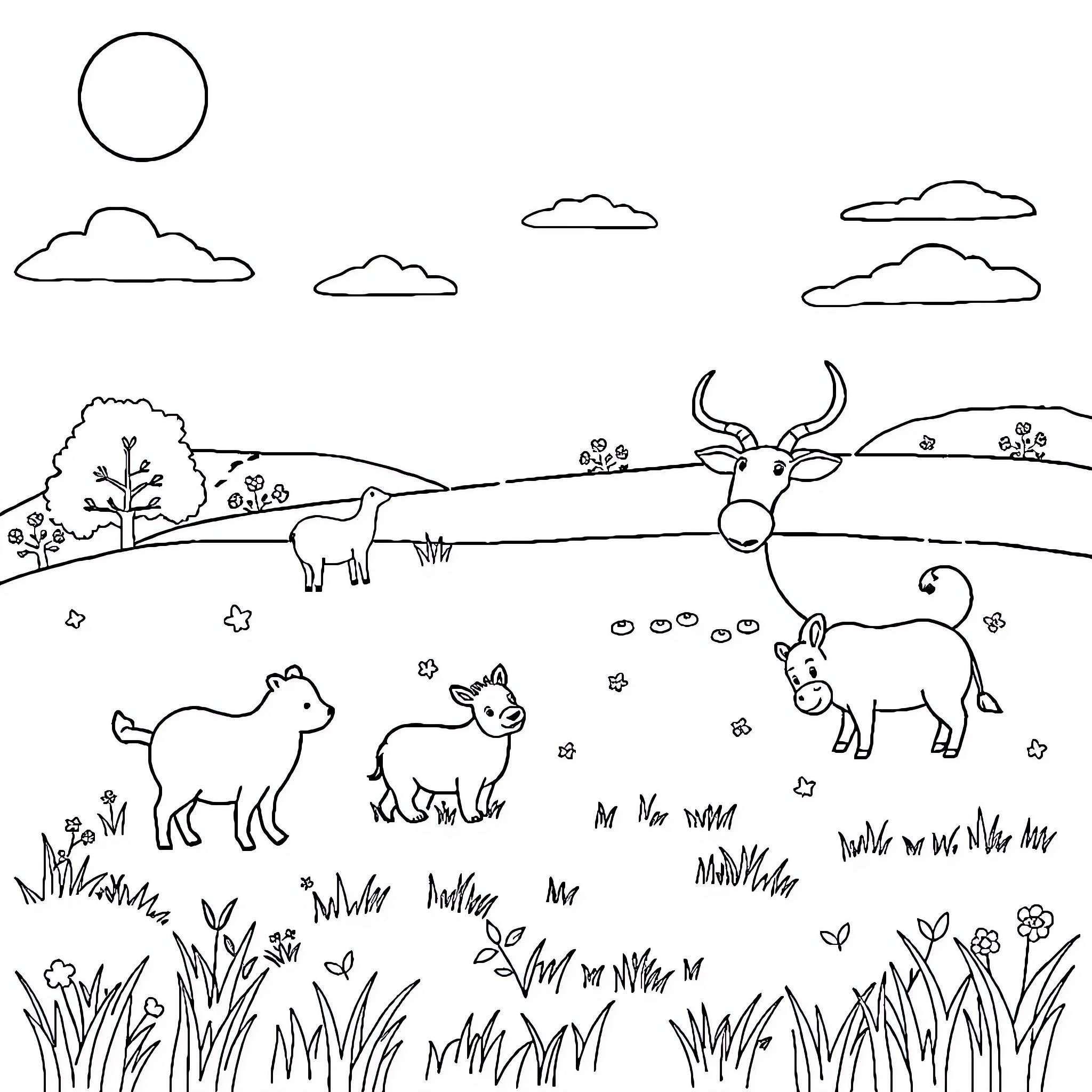 Animal friends playing in pastoral landscape Coloring Page (free black-and-white line drawing printable PDF for all, from beginners to advanced learners, including children, teens, adults, and seniors)