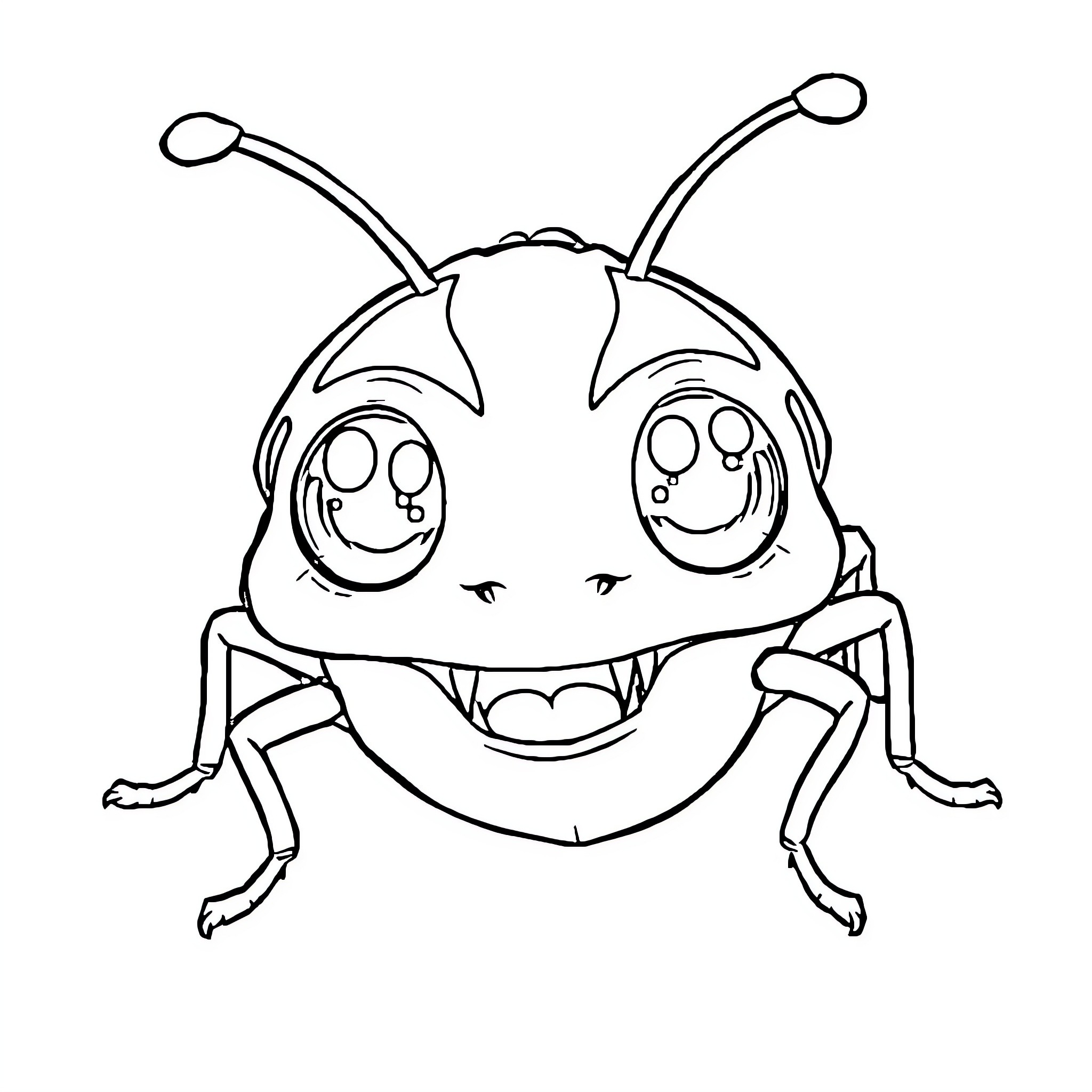 Bug with a happy expression Coloring Page (free black-and-white line drawing printable PDF for all, from beginners to advanced learners, including children, teens, adults, and seniors)