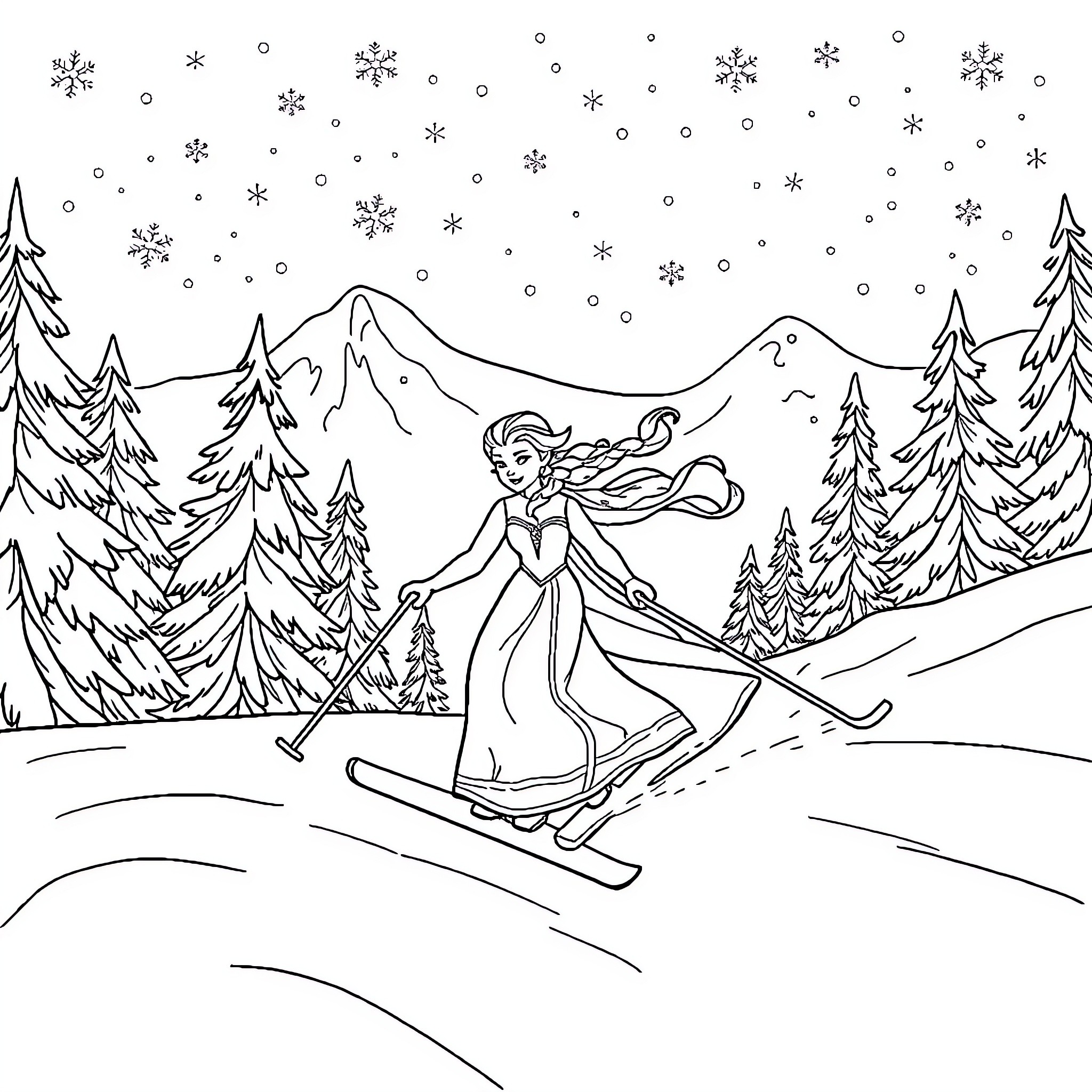 Elsa skiing gracefully through a snowy winter landscape Coloring Page (free black-and-white line drawing printable PDF for all, from beginners to advanced learners, including children, teens, adults, and seniors)