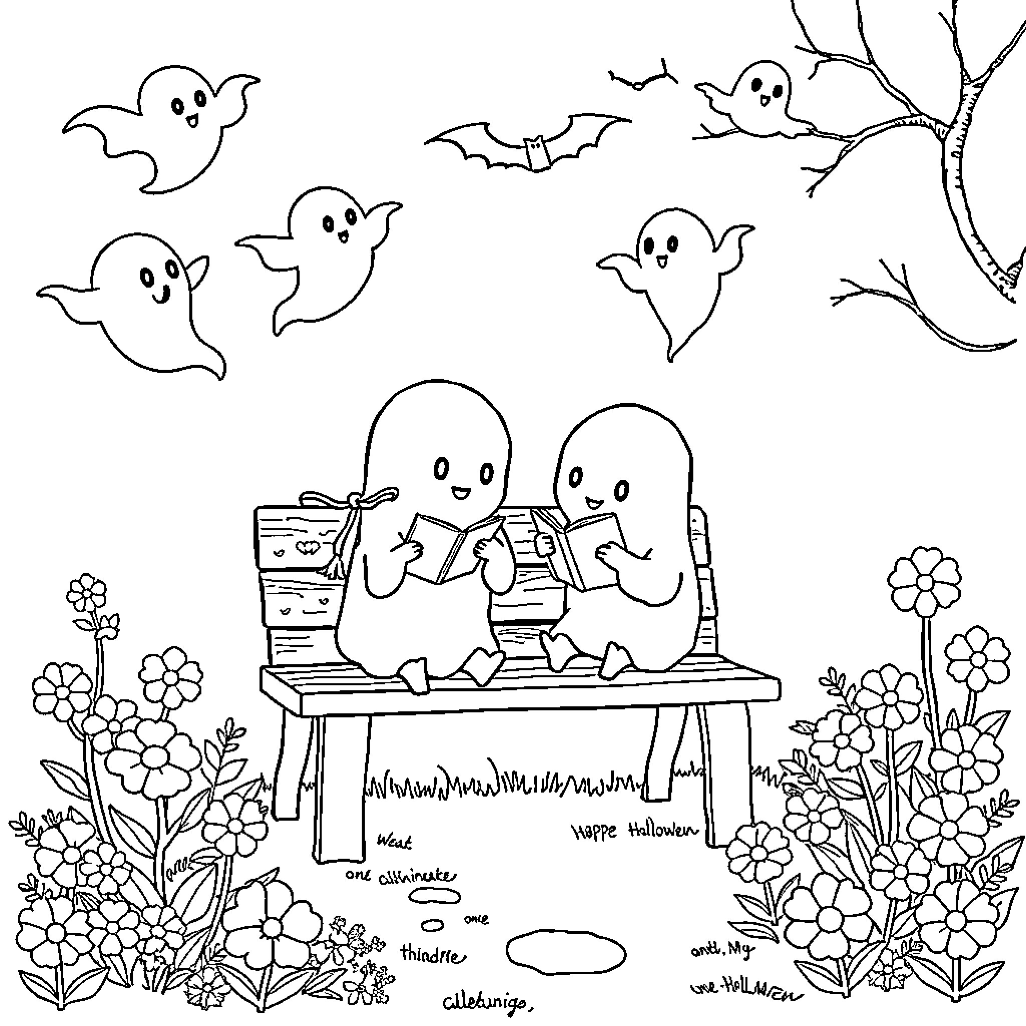 Ghost characters in playful Halloween scene Coloring Page (free black-and-white line drawing printable PDF for all, from beginners to advanced learners, including children, teens, adults, and seniors)