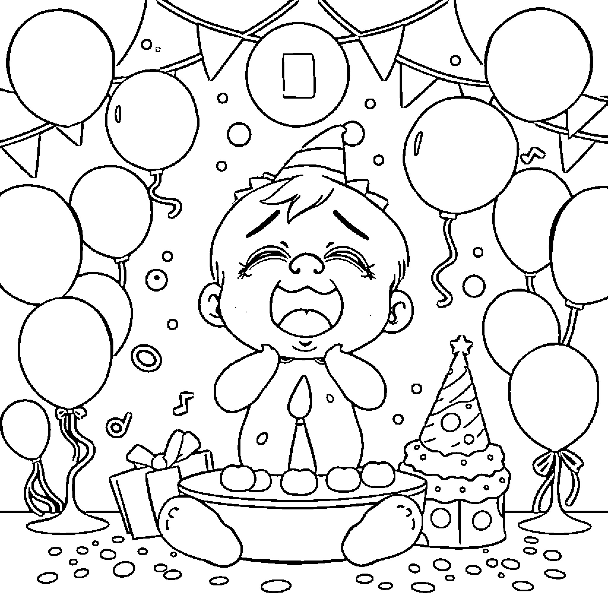 Crying Babies Celebrating Birthday with Balloons and Cake Coloring Page (free black-and-white line drawing printable PDF for all, from beginners to advanced learners, including children, teens, adults, and seniors)