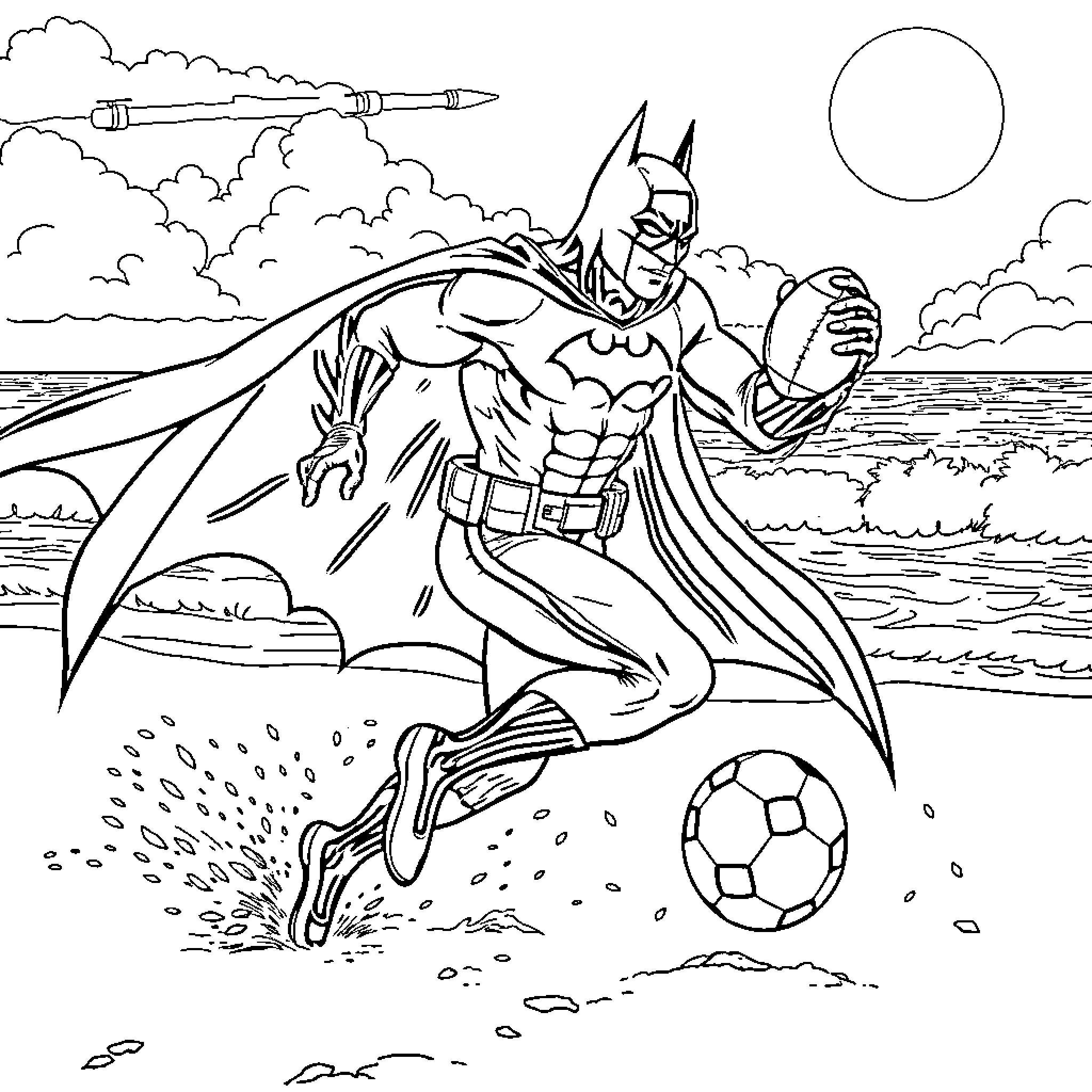 Batman kicking a soccer ball on the beach Coloring Page (free black-and-white line drawing printable PDF for all, from beginners to advanced learners, including children, teens, adults, and seniors)