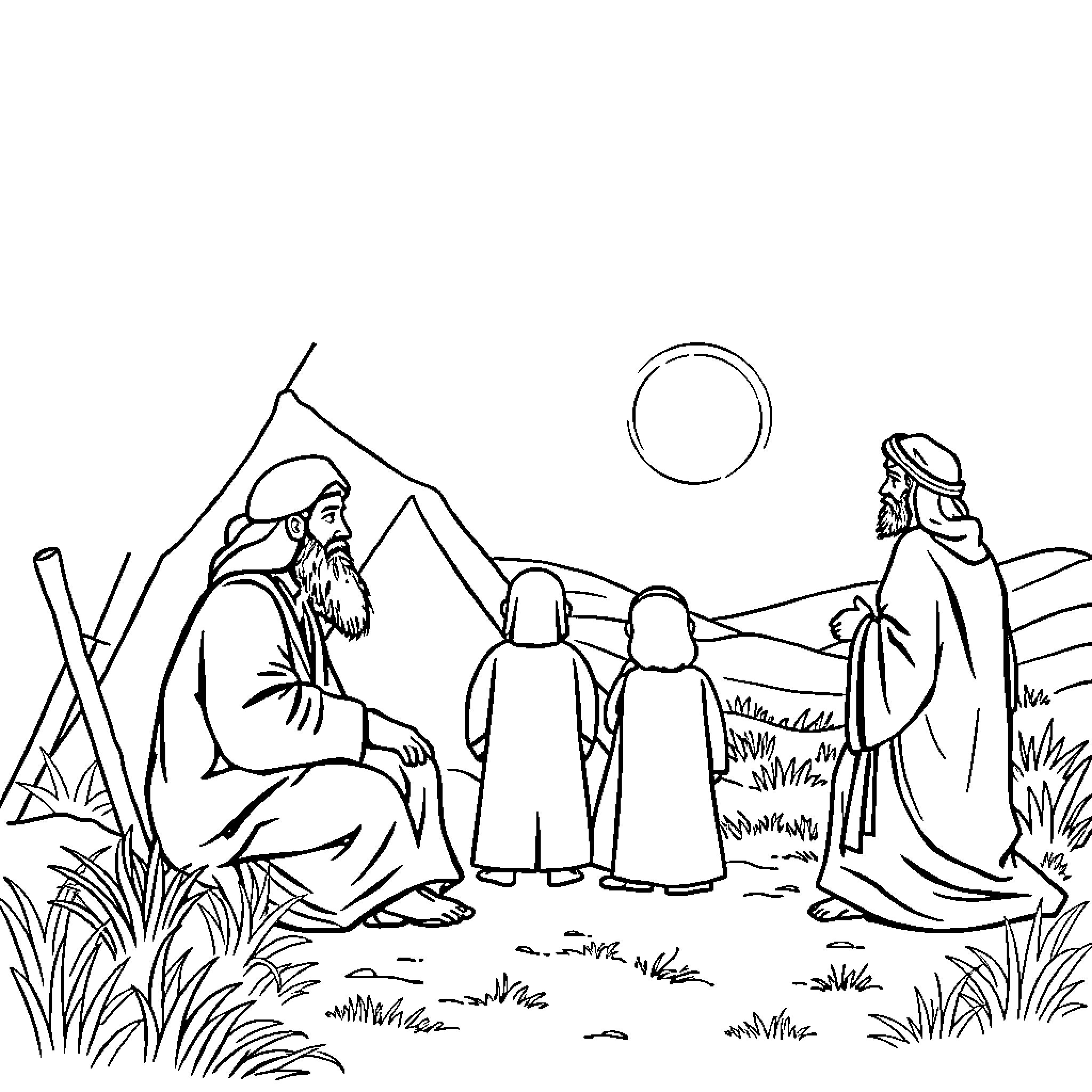 Abraham Teaching His People in the Wilderness Coloring Page (free black-and-white line drawing printable PDF for all, from beginners to advanced learners, including children, teens, adults, and seniors)
