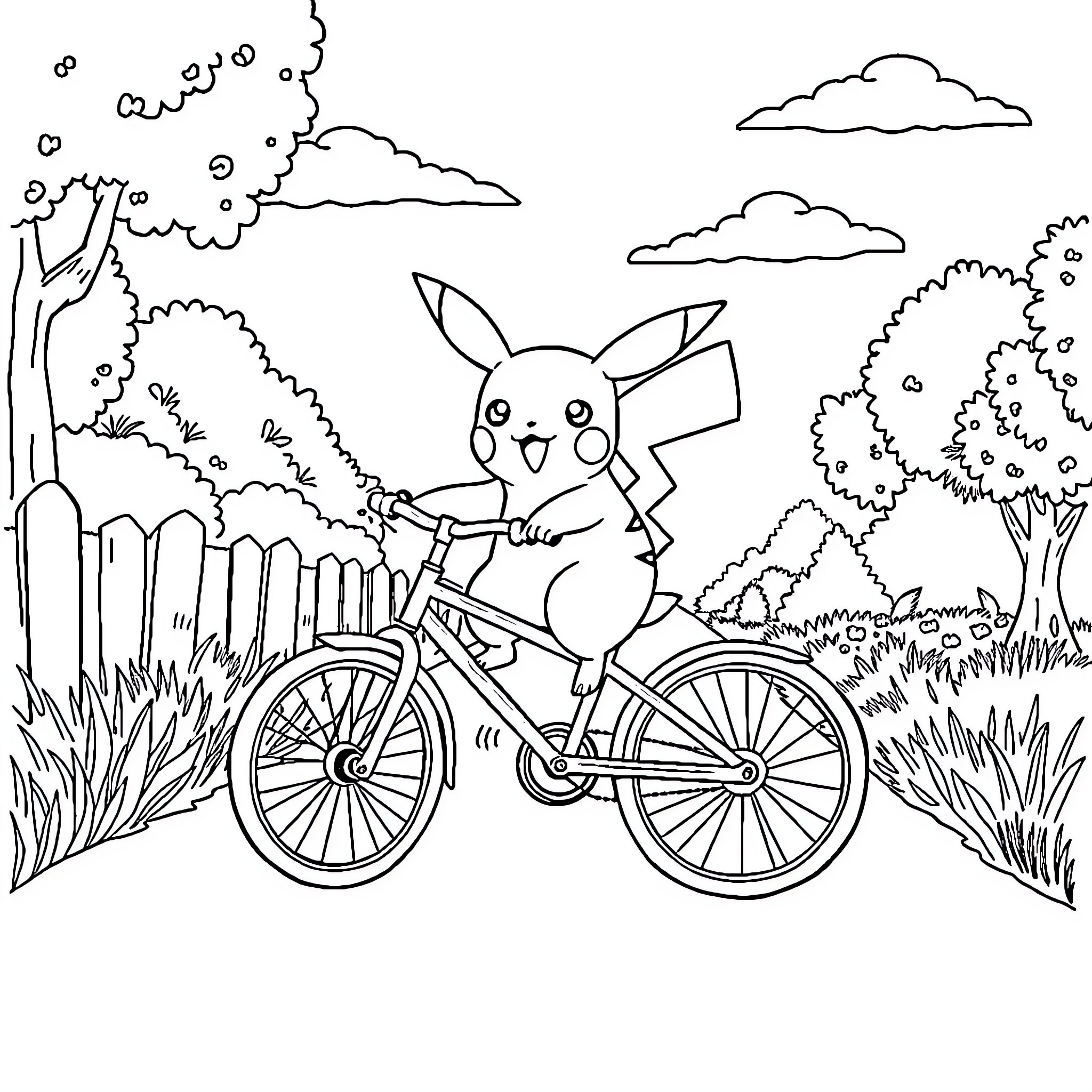 Pikachu riding a bicycle in the park Coloring Page (free black-and-white line drawing printable PDF for all, from beginners to advanced learners, including children, teens, adults, and seniors)