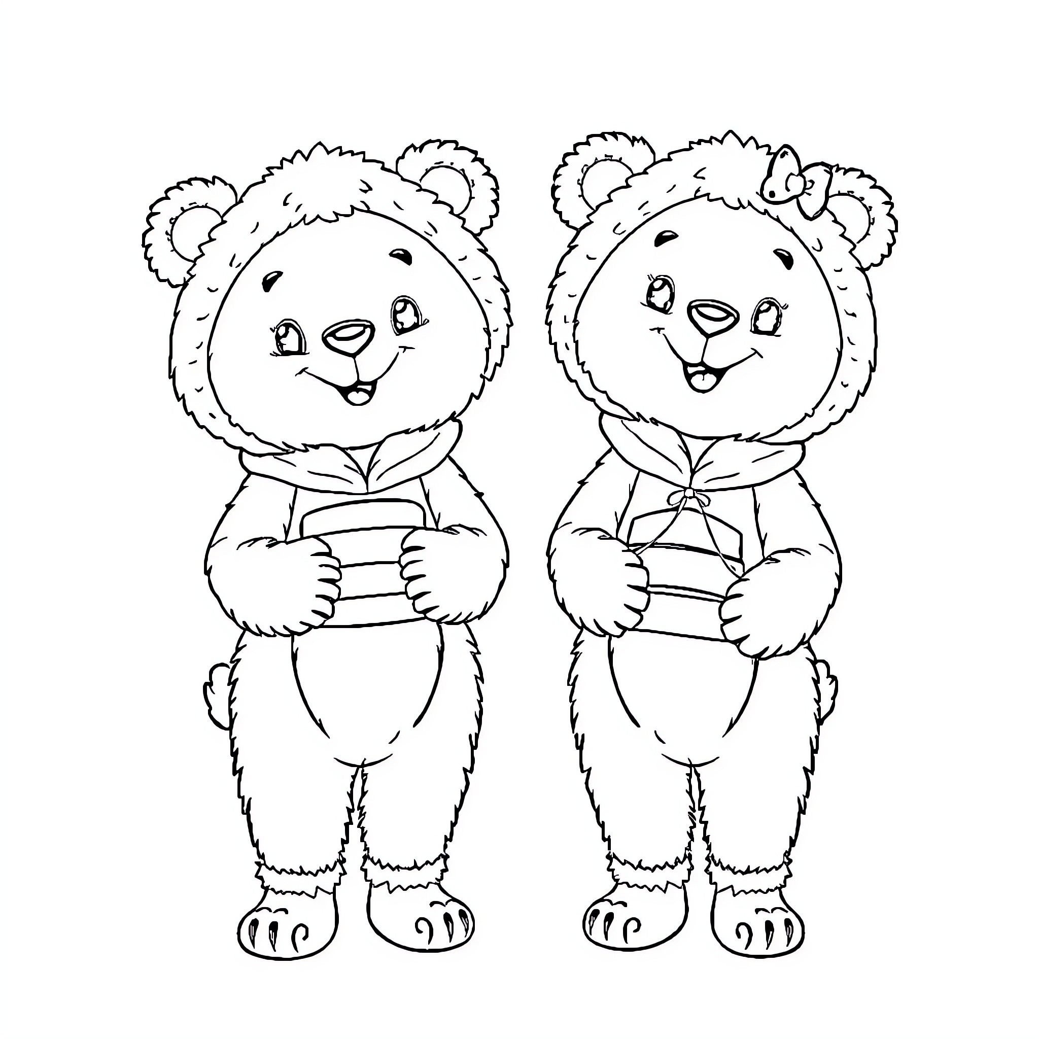 Honey Bear siblings in warm winter outfits Coloring Page (free black-and-white line drawing printable PDF for all, from beginners to advanced learners, including children, teens, adults, and seniors)
