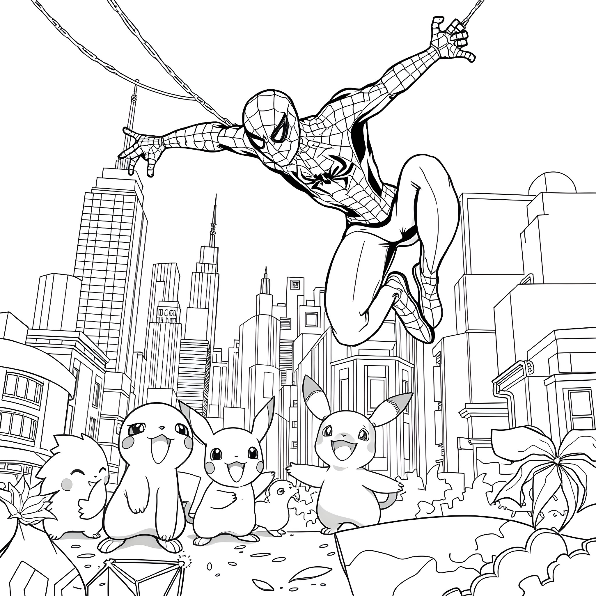 Spider-Man swinging through the city with Pokemon Coloring Page (free black-and-white line drawing printable PDF for all, from beginners to advanced learners, including children, teens, adults, and seniors)