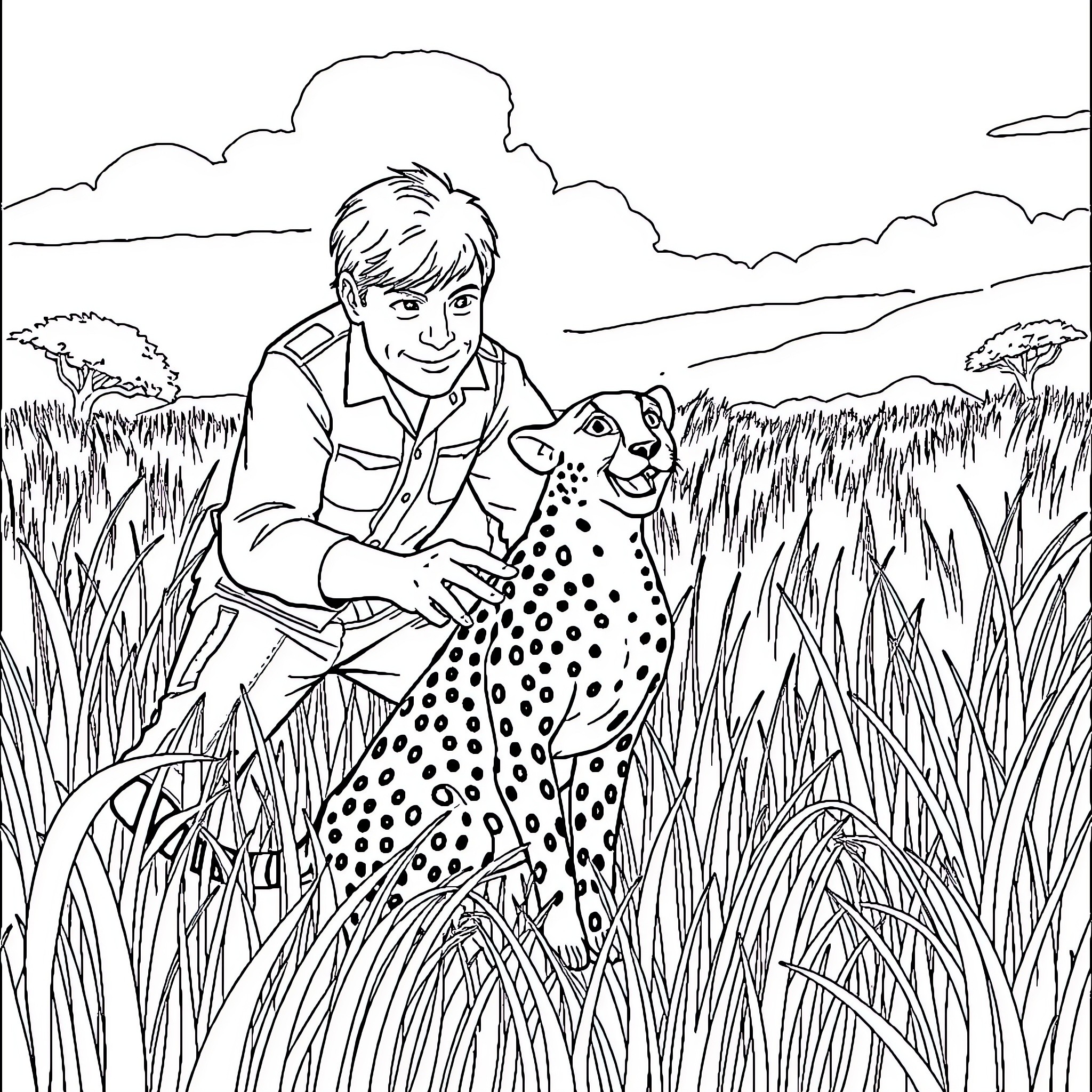 Cheetah and boy in the wild nature Coloring Page (free black-and-white line drawing printable PDF for all, from beginners to advanced learners, including children, teens, adults, and seniors)