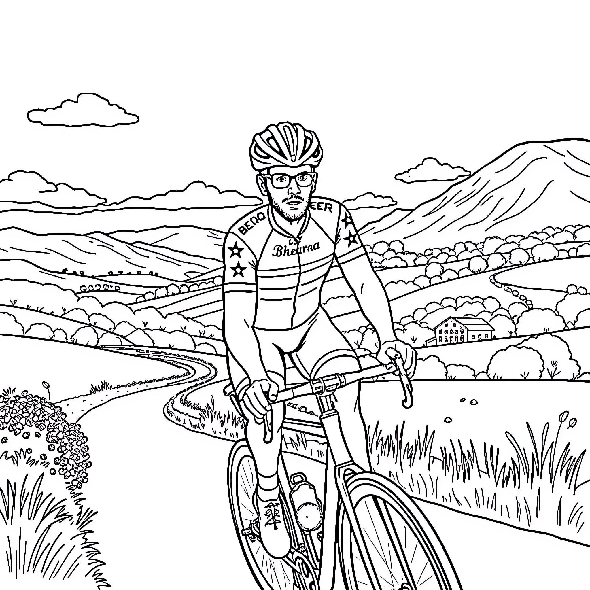 Alan Shearer cycling through scenic countryside Coloring Page (free black-and-white line drawing printable PDF for all, from beginners to advanced learners, including children, teens, adults, and seniors)