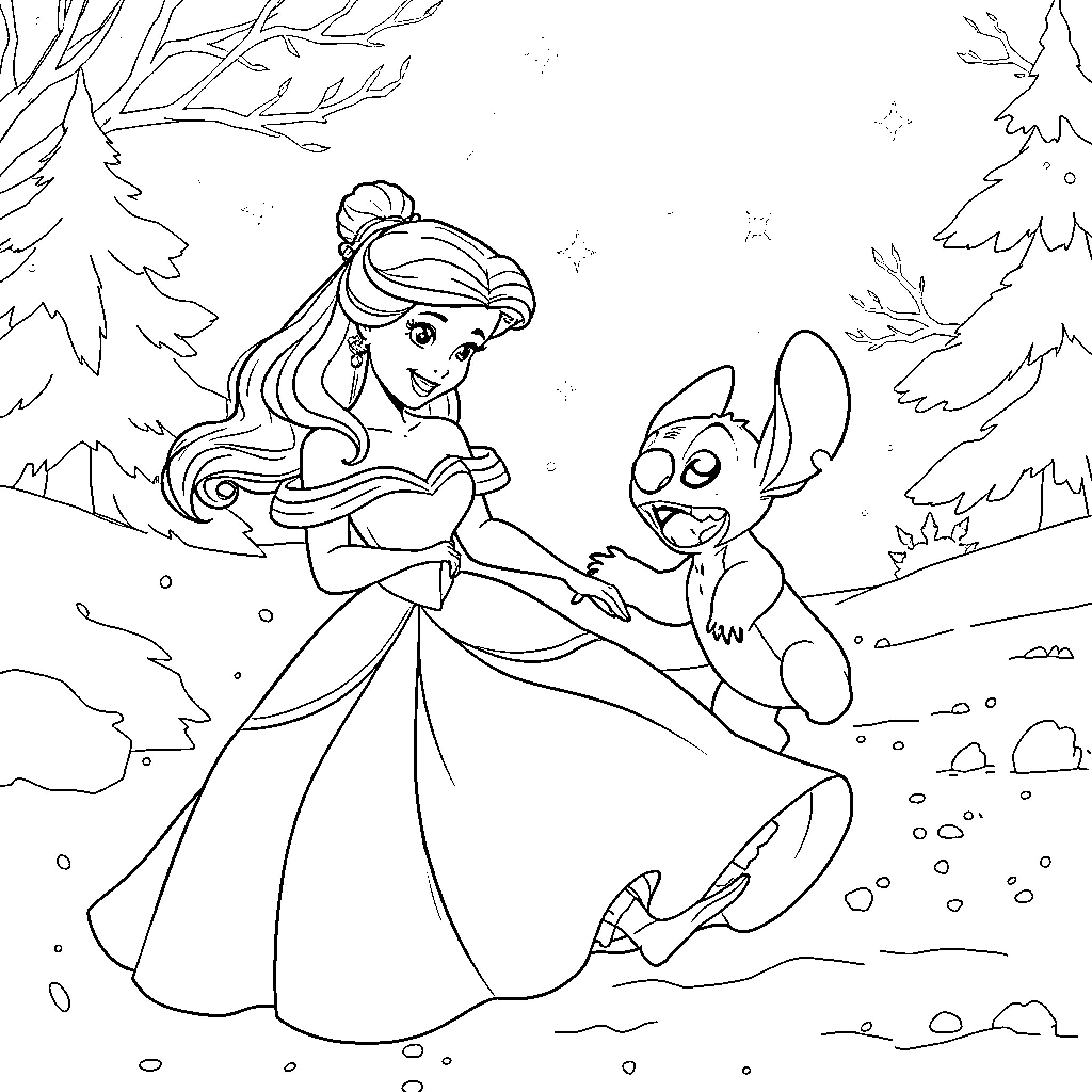 Belle frolicking with a playful companion in the snowy forest Coloring Page (free black-and-white line drawing printable PDF for all, from beginners to advanced learners, including children, teens, adults, and seniors)