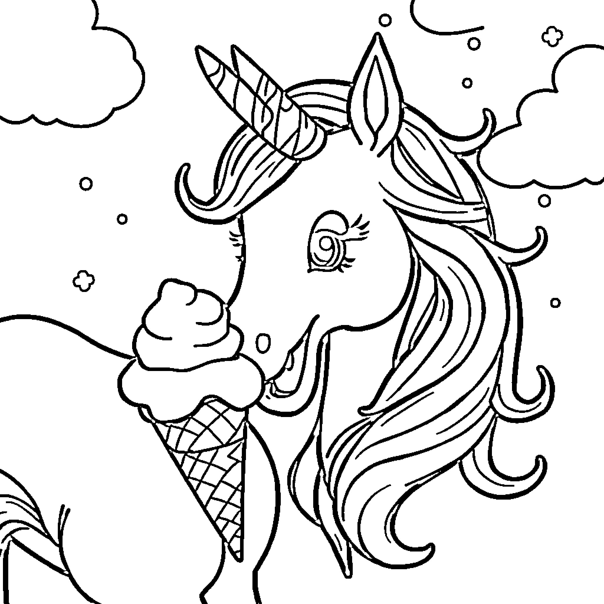 Unicorn enjoying an icy treat in the clouds Coloring Page (free black-and-white line drawing printable PDF for all, from beginners to advanced learners, including children, teens, adults, and seniors)